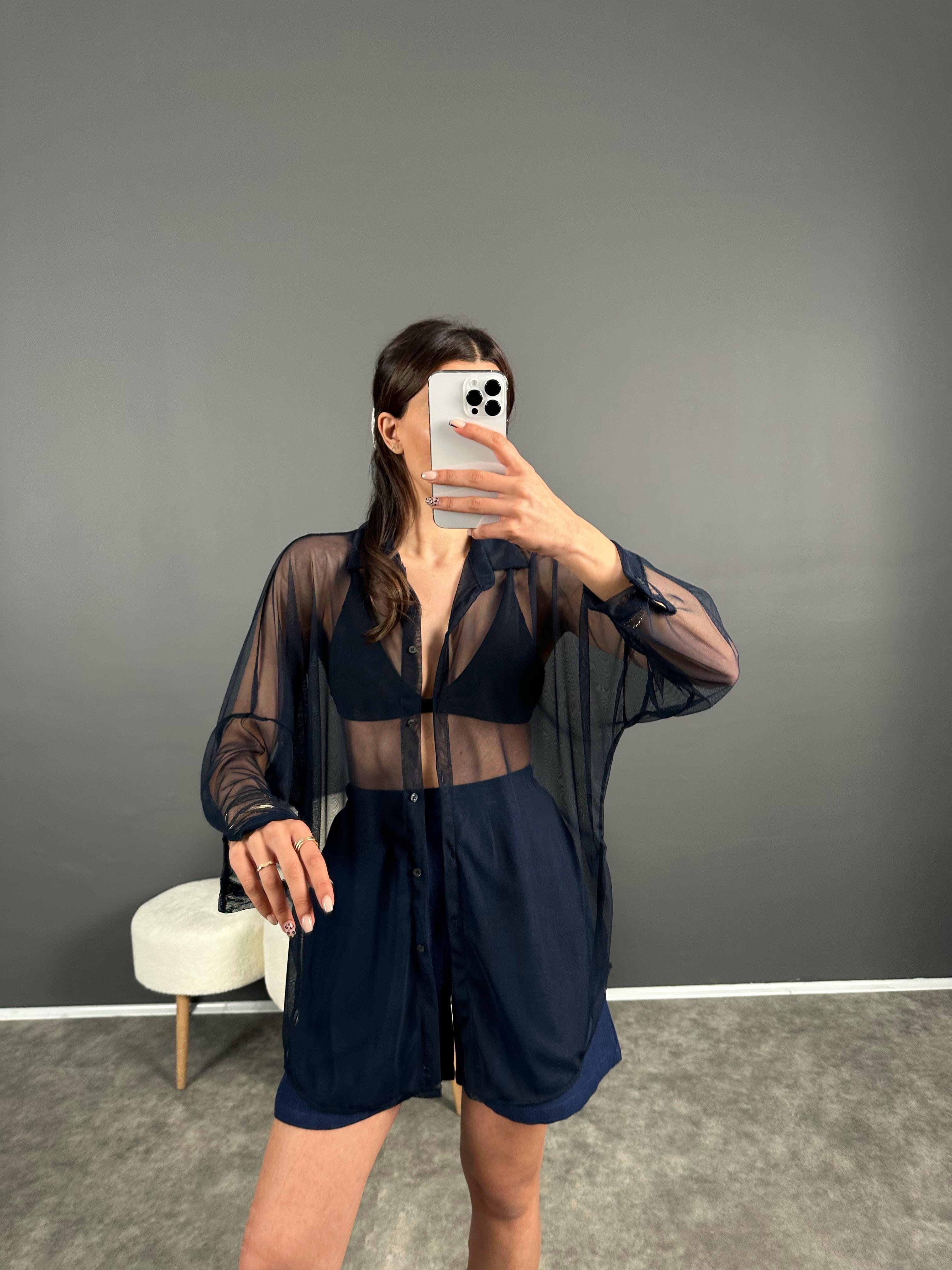 Lacivert Transparan Gömlek 