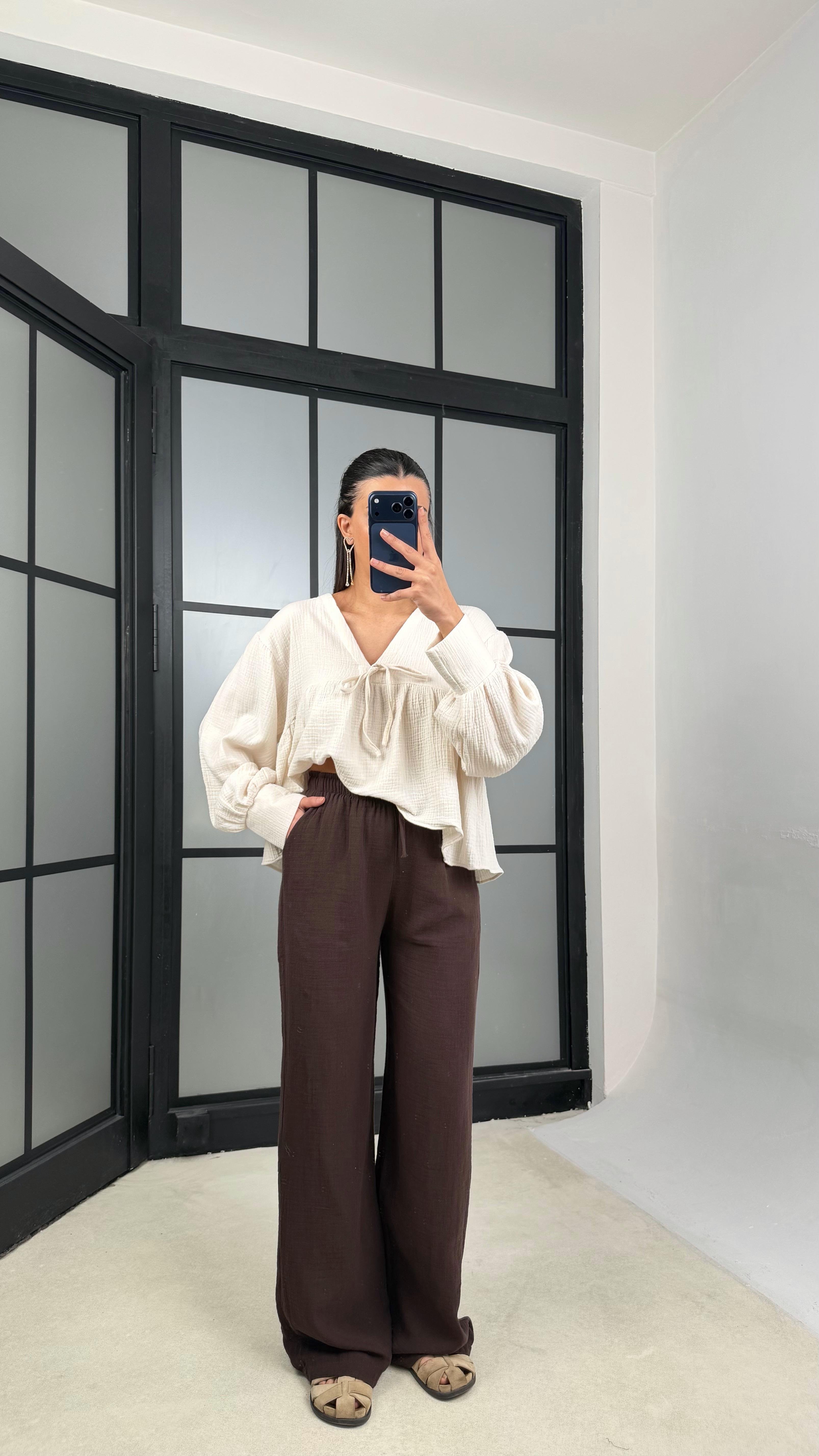 Acı Kahve Beli Lastikli Müslin Pantolon GAUS-01149GAUSPANTOLONGAUS-01149