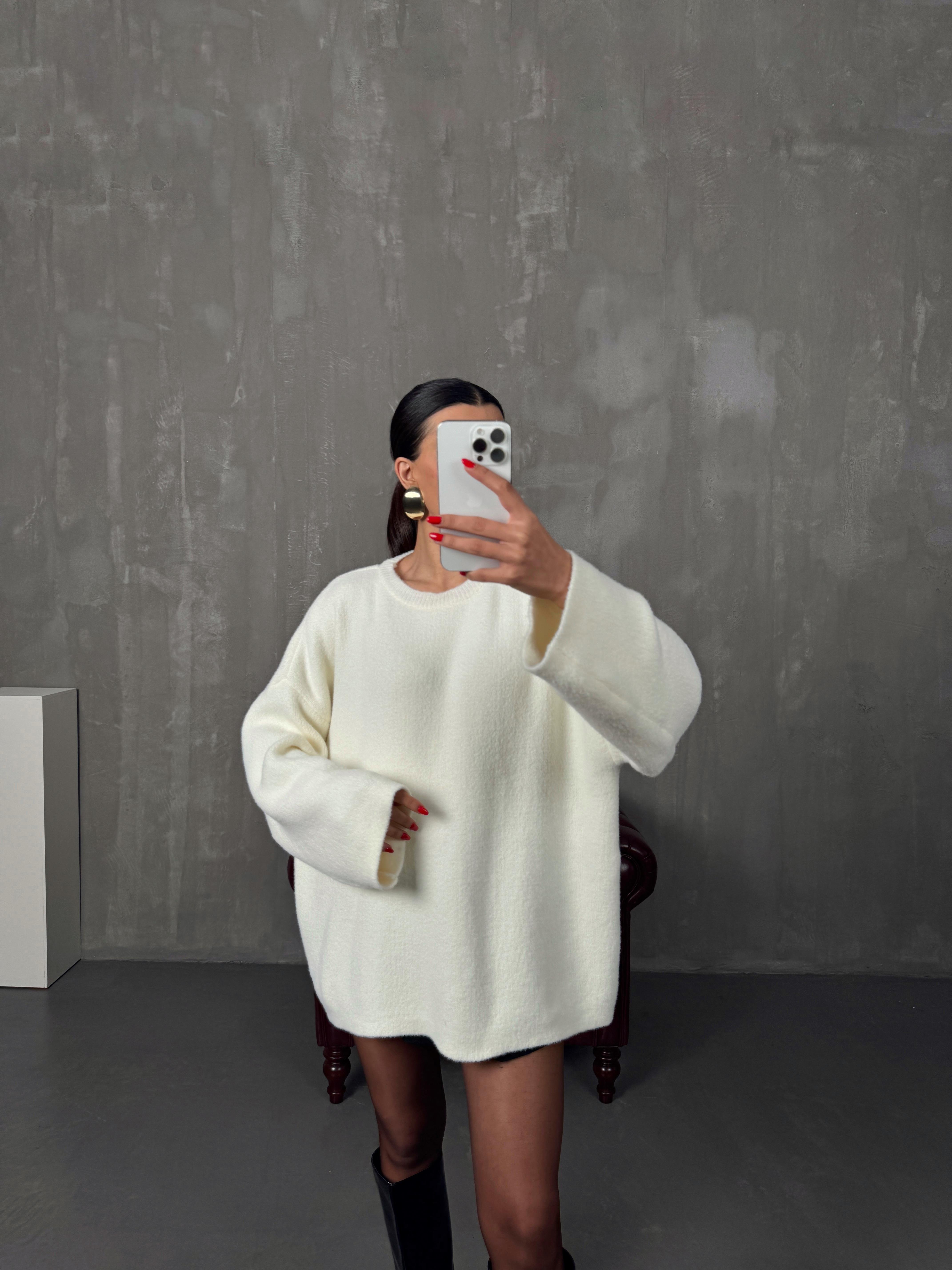 Elite Ekru Yumuşak Triko Salaş Kazak