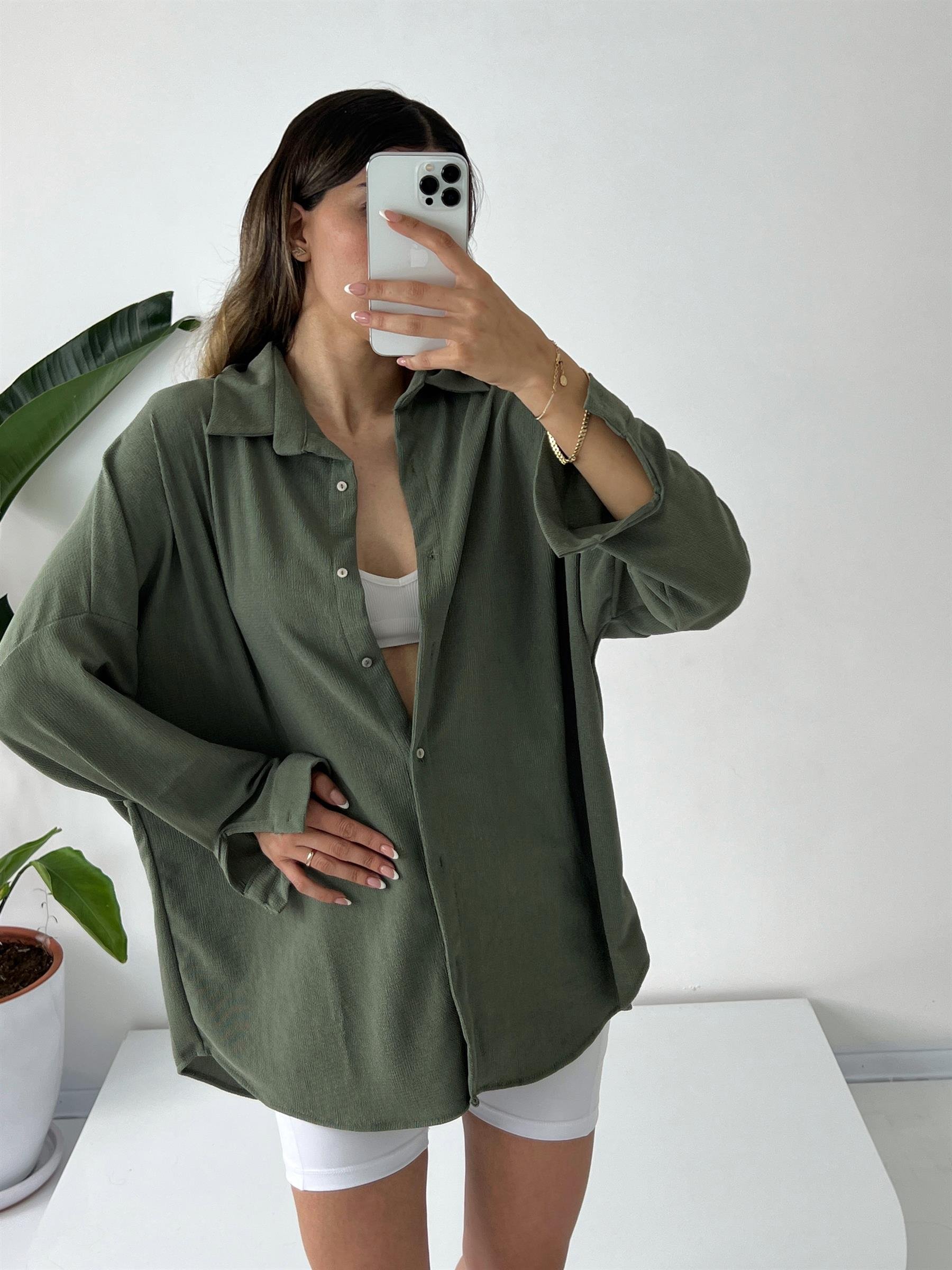 Haki Oversize Krinkıl GömlekGausGÖMLEKGU001292