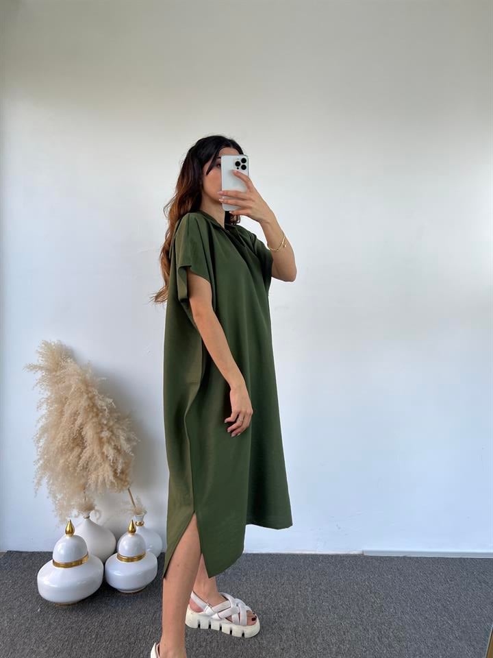 Haki Yeşil Kapüşonlu Oversize Elbise GausELBİSEGU00872