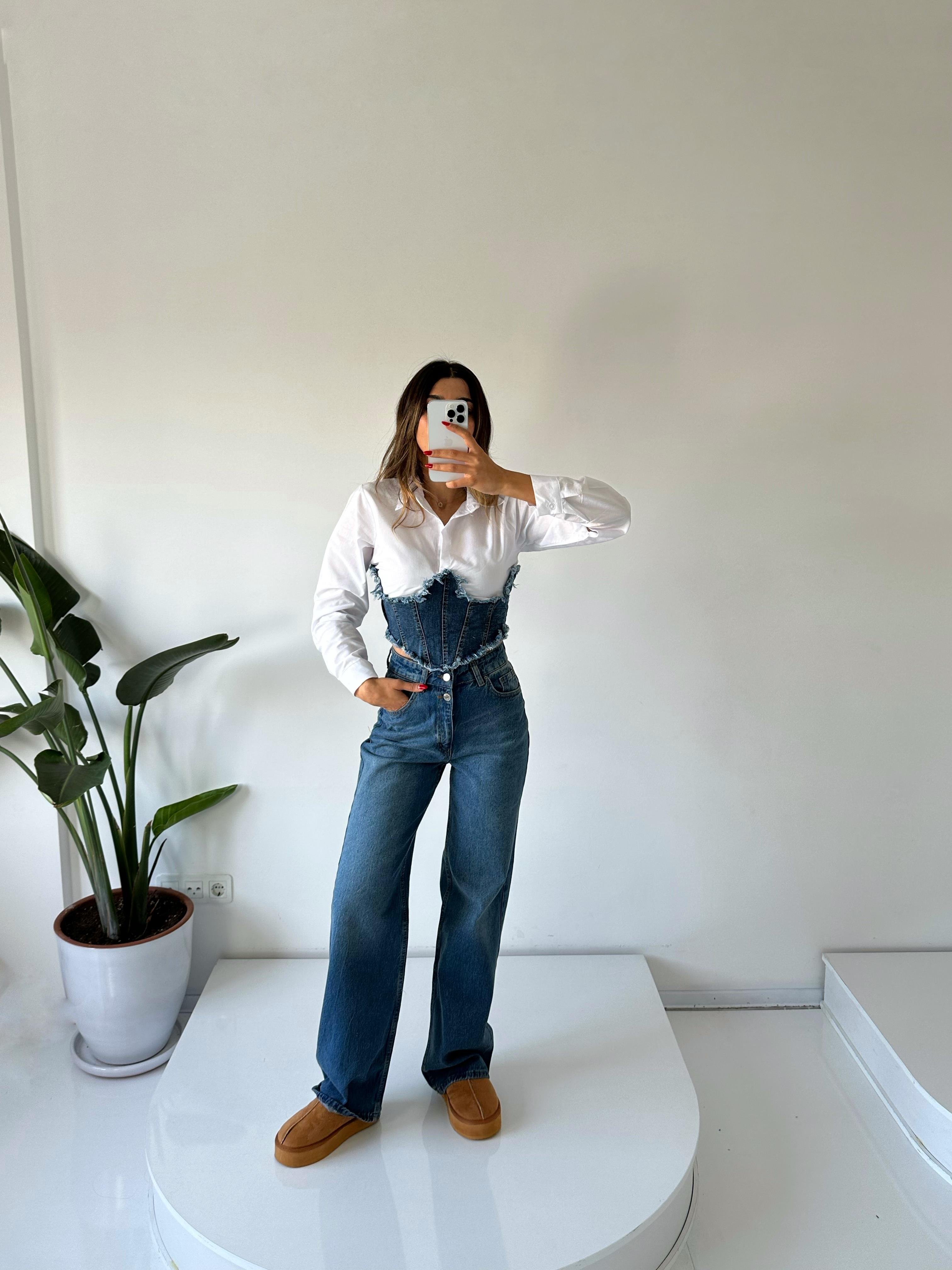 Isabell Çift Düğmeli Dark Blue Palazzo Wide Leg Jean 