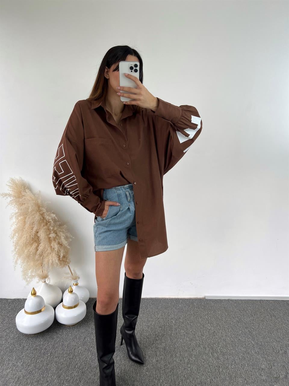 Kahverengi Oversize Baskılı Gömlek GausGÖMLEKGU00869