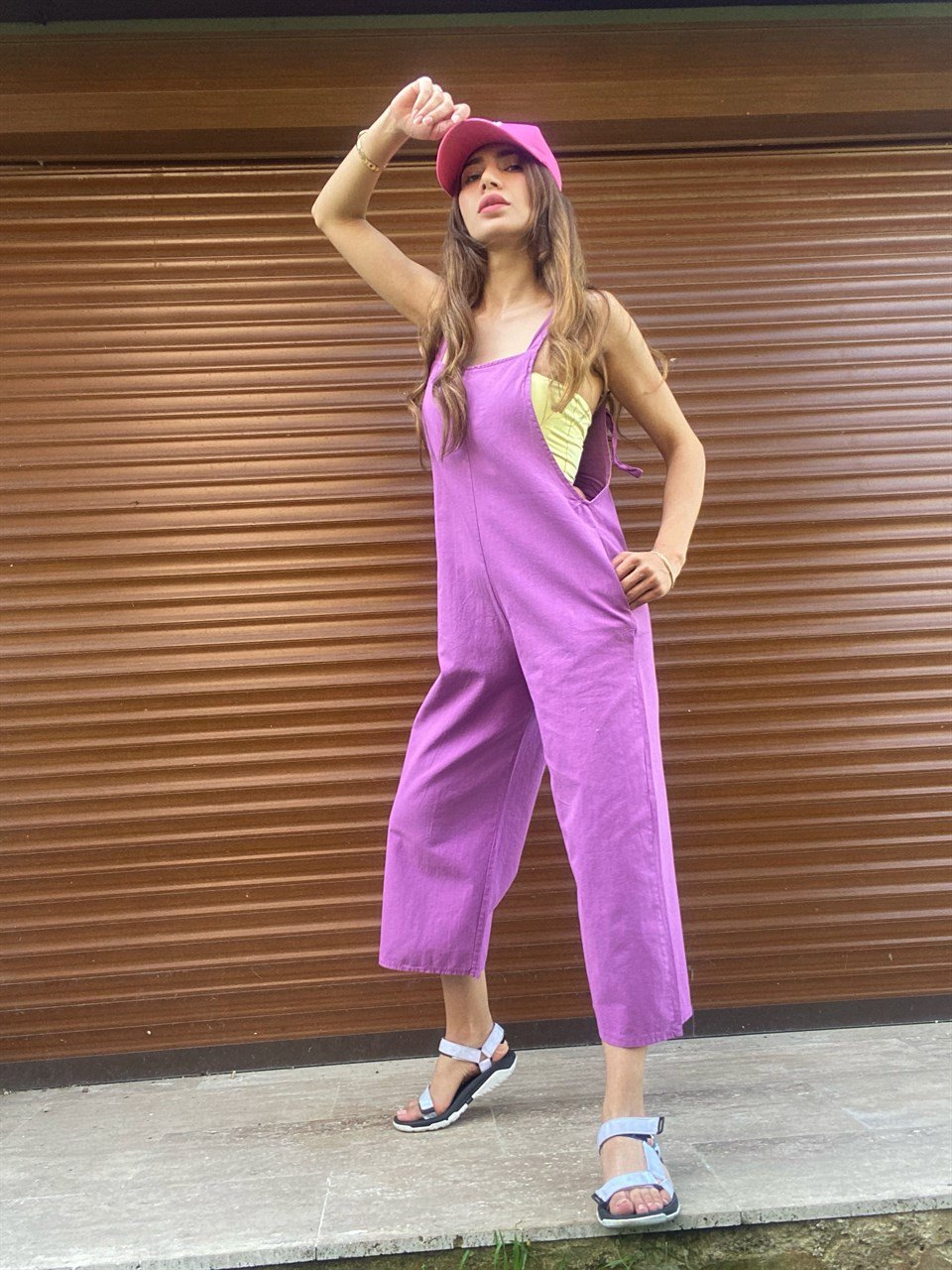 Keten Lila Yan Cepli Bahçıvan Tulum