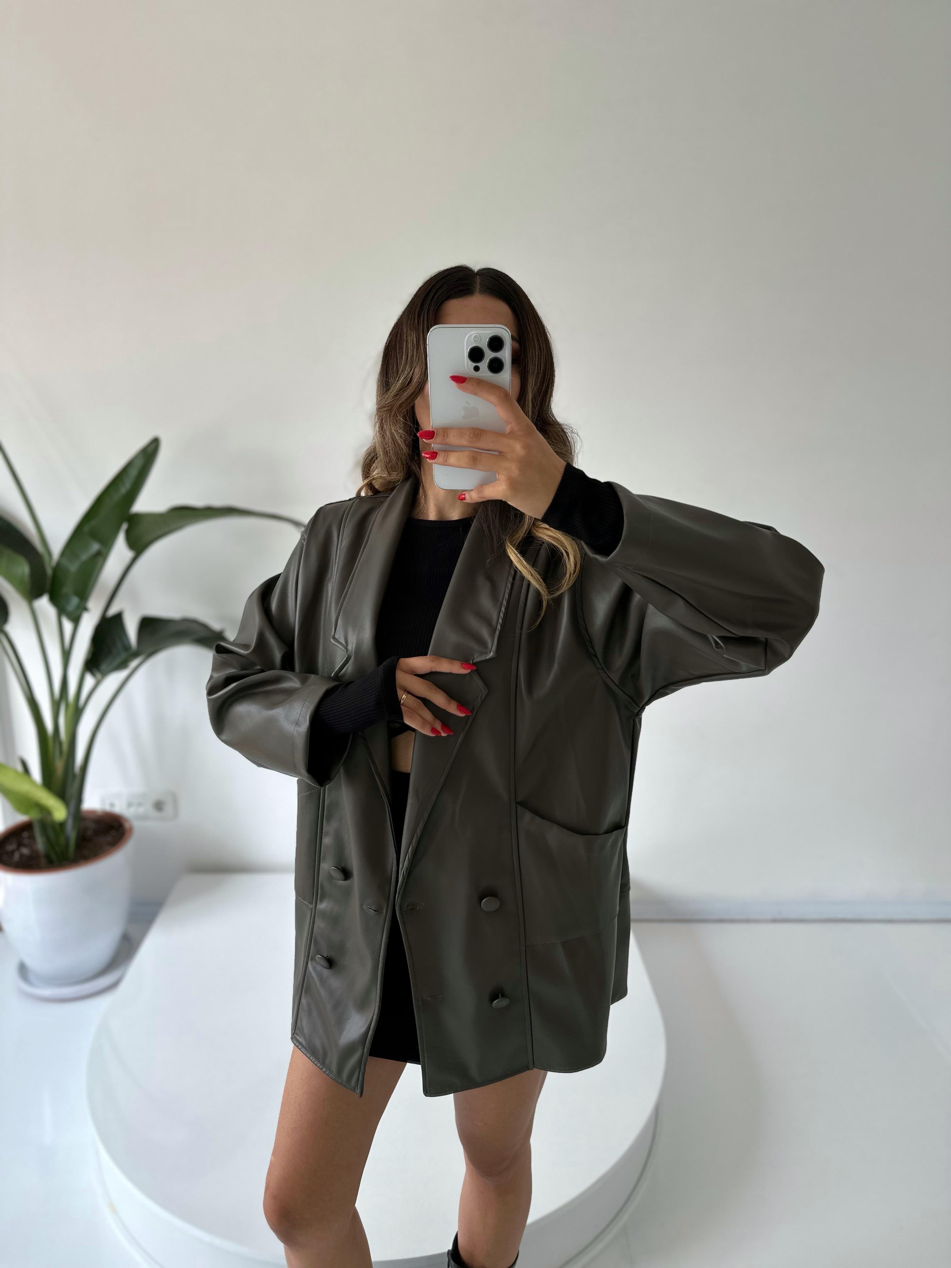 Le Haki Oversize Deri Ceket