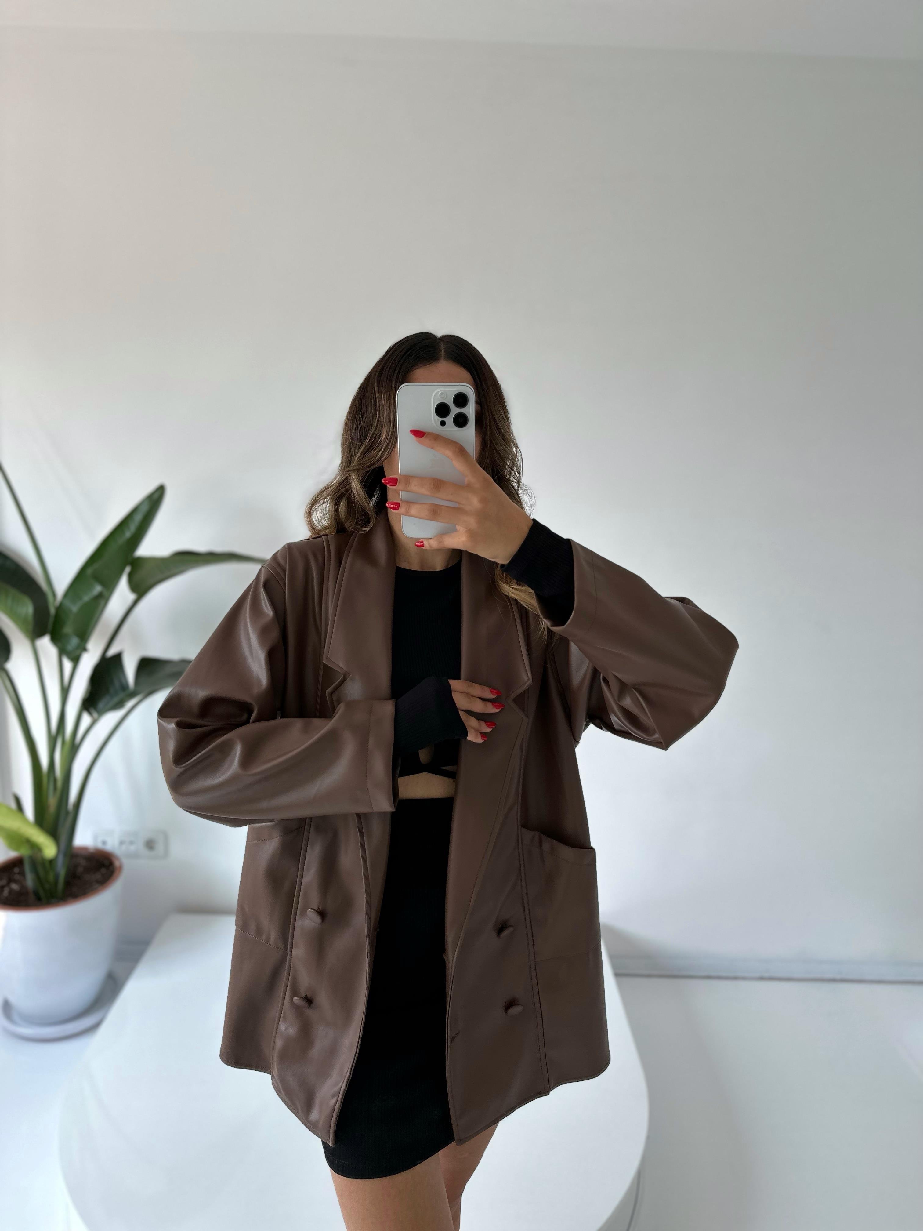 Le Kahverengi Oversize Deri Ceket 