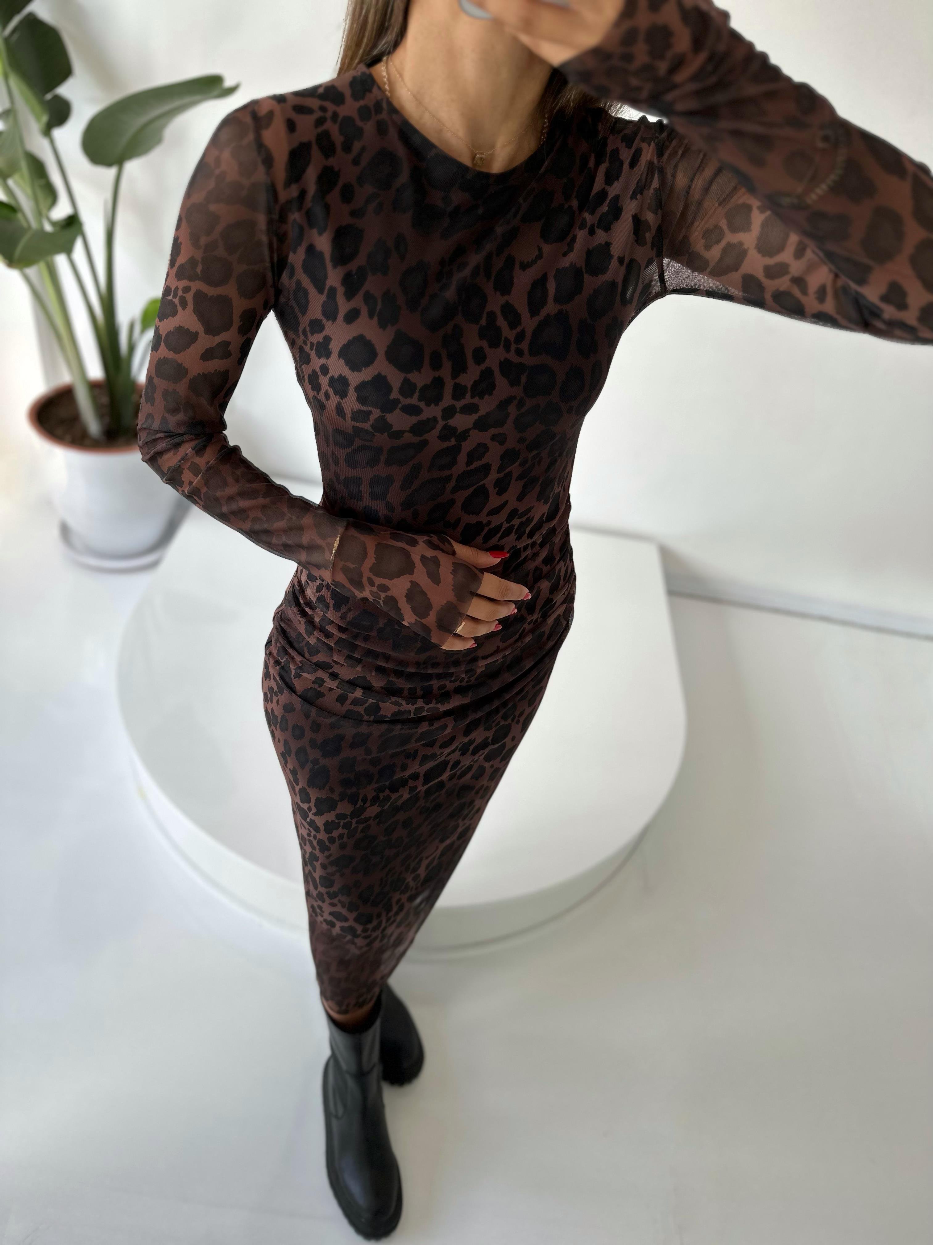 Leopar Desenli Drapeli Midi Tül Elbise GausELBİSEGU001952