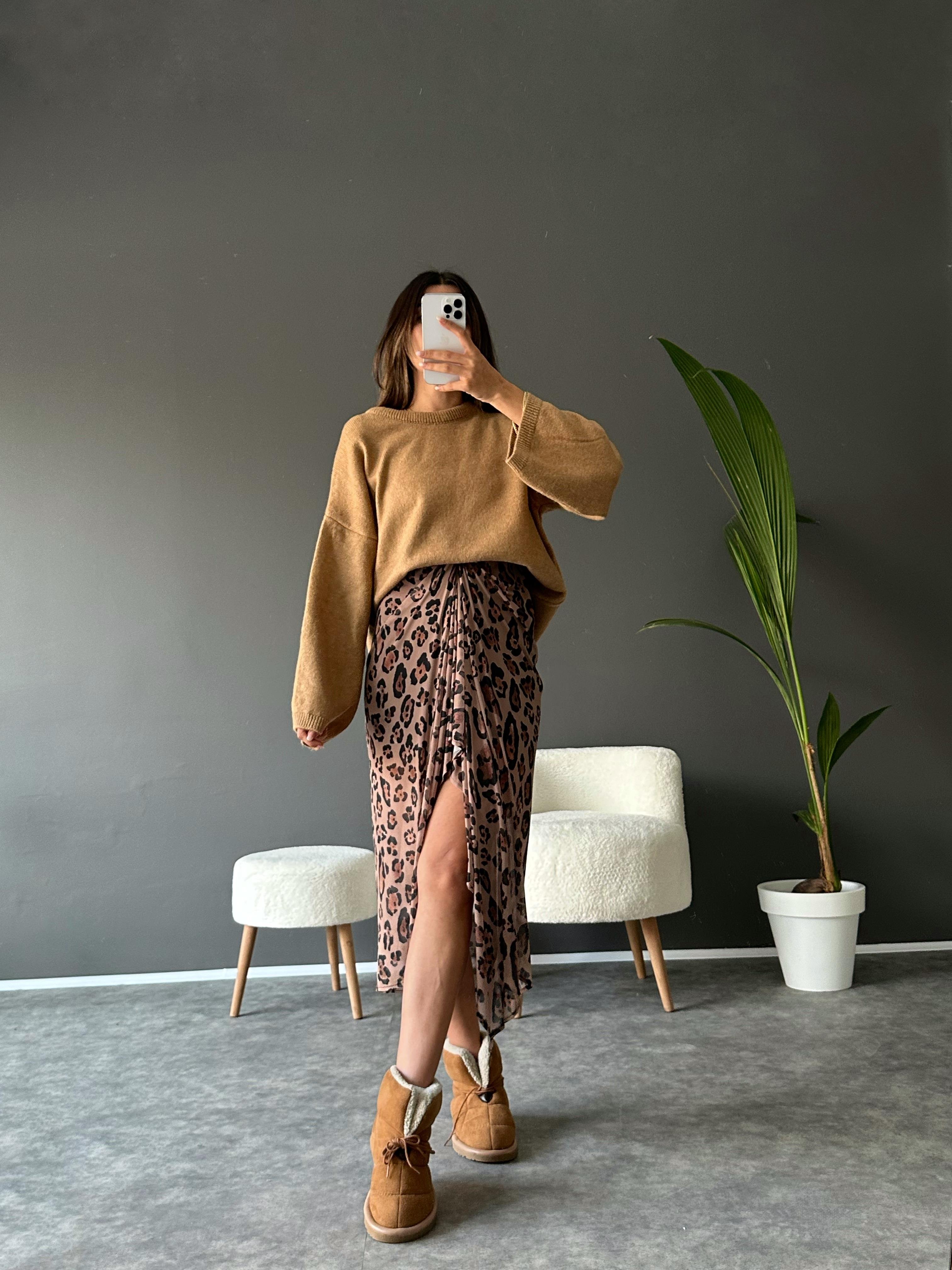 Leopar Tül Astarlı Tasarım Etek 