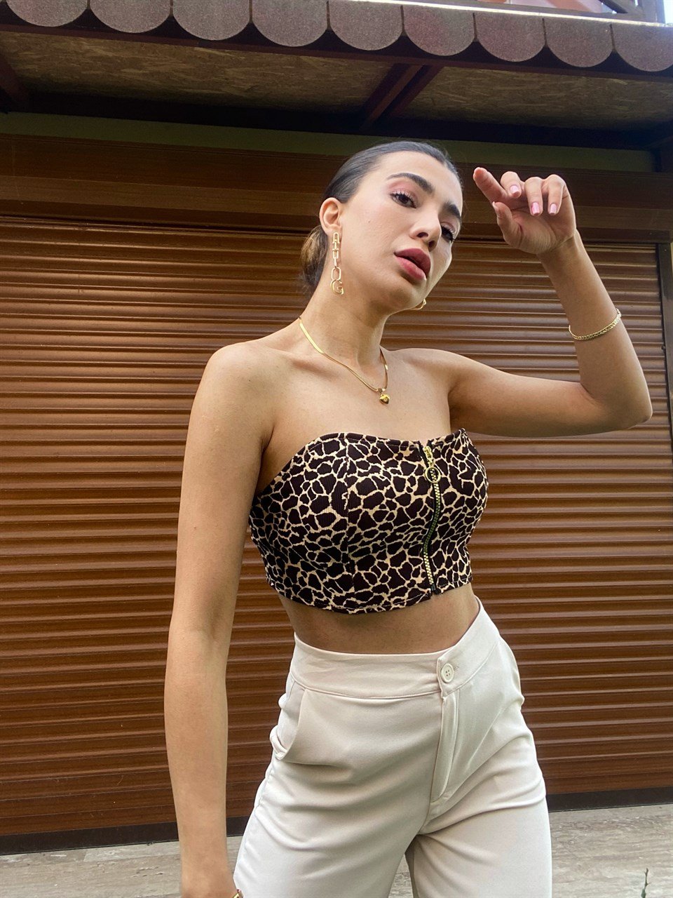 Leoparlı Straplez Crop