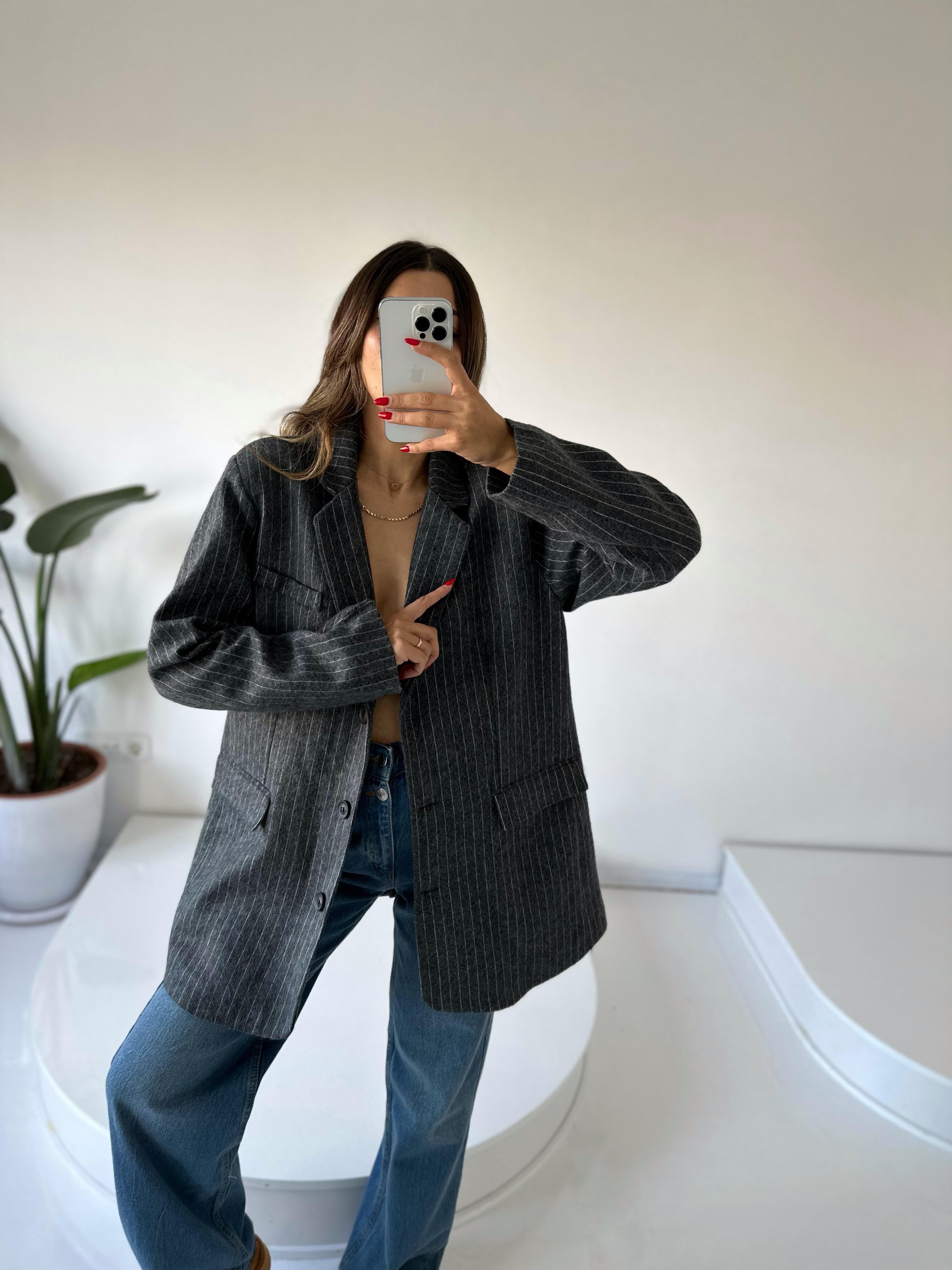 Liv Gri Çizgili Kaşe Premium Oversize Blazer CeketGausCEKETGU002031