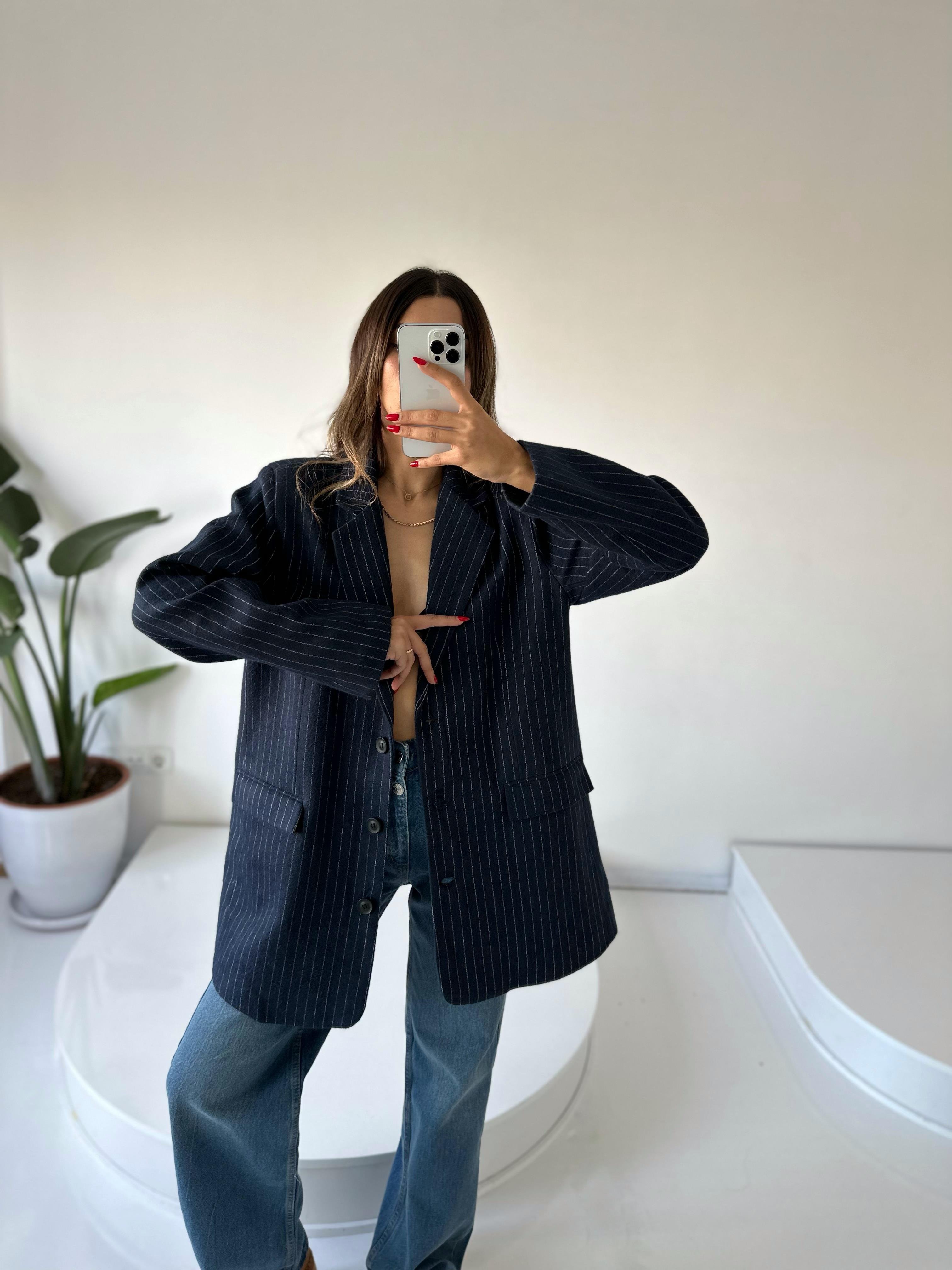Liv Lacivert Çizgili Kaşe Premium Oversize Blazer Ceket | GAUS