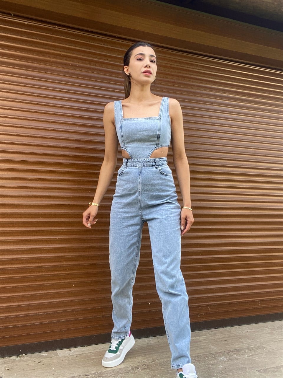 Luna Dekolteli Denim Tulum