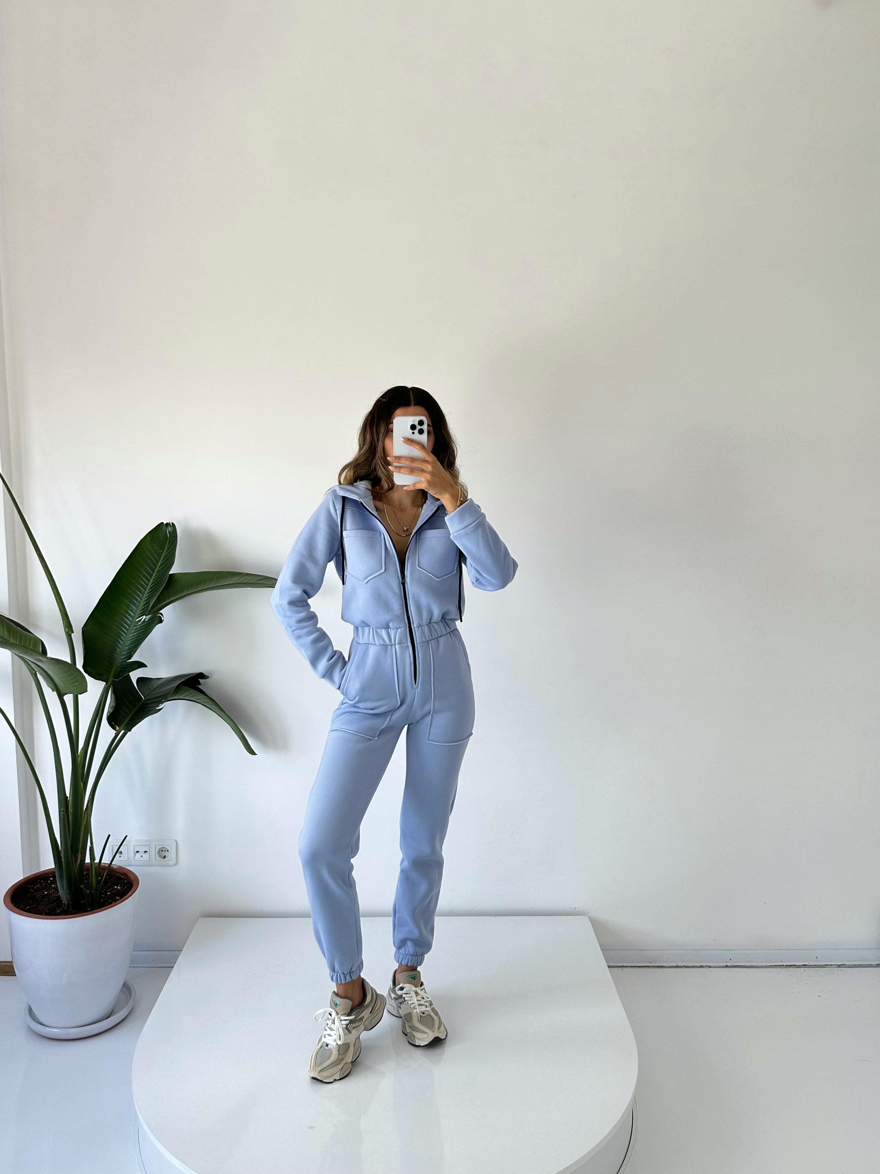 Mavi Şardonlu Üç İplik Kapüşonlu TulumGausTULUMGU001781