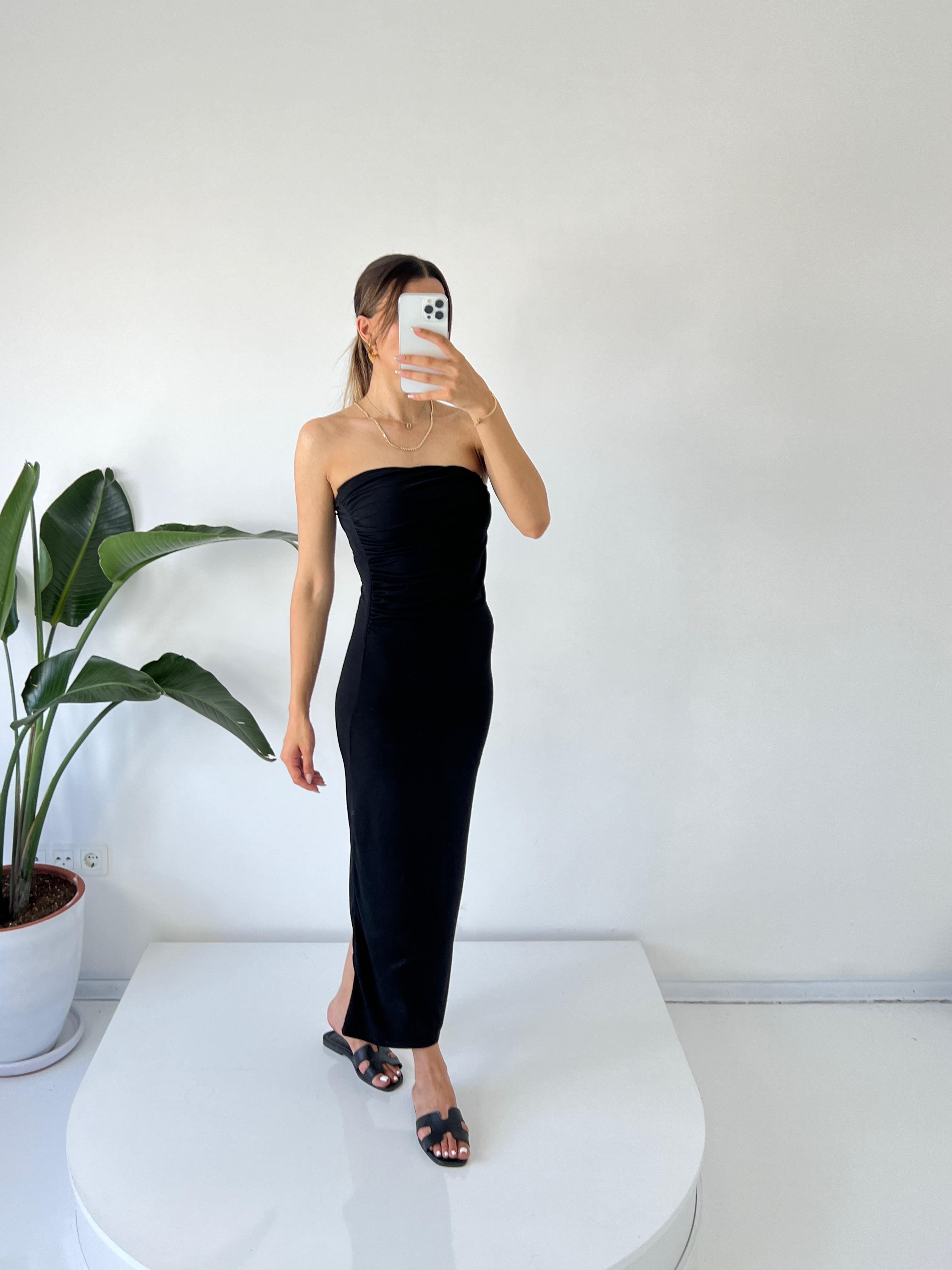 Mila Siyah Straplez Drapeli Maxi Elbise GausELBİSEGU001535