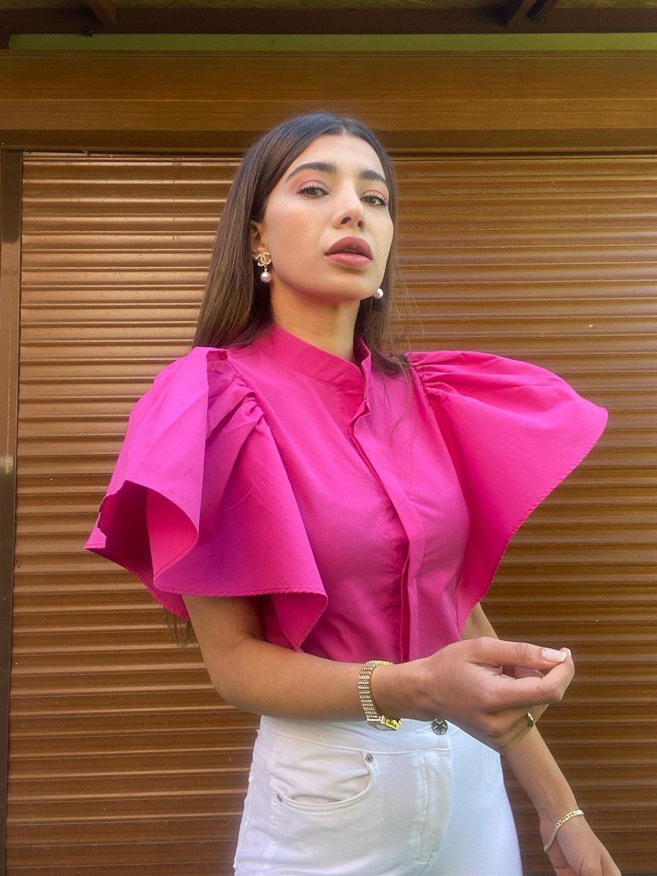Orijinal Marka Fuşya Kolları Volanlı Gömlek 