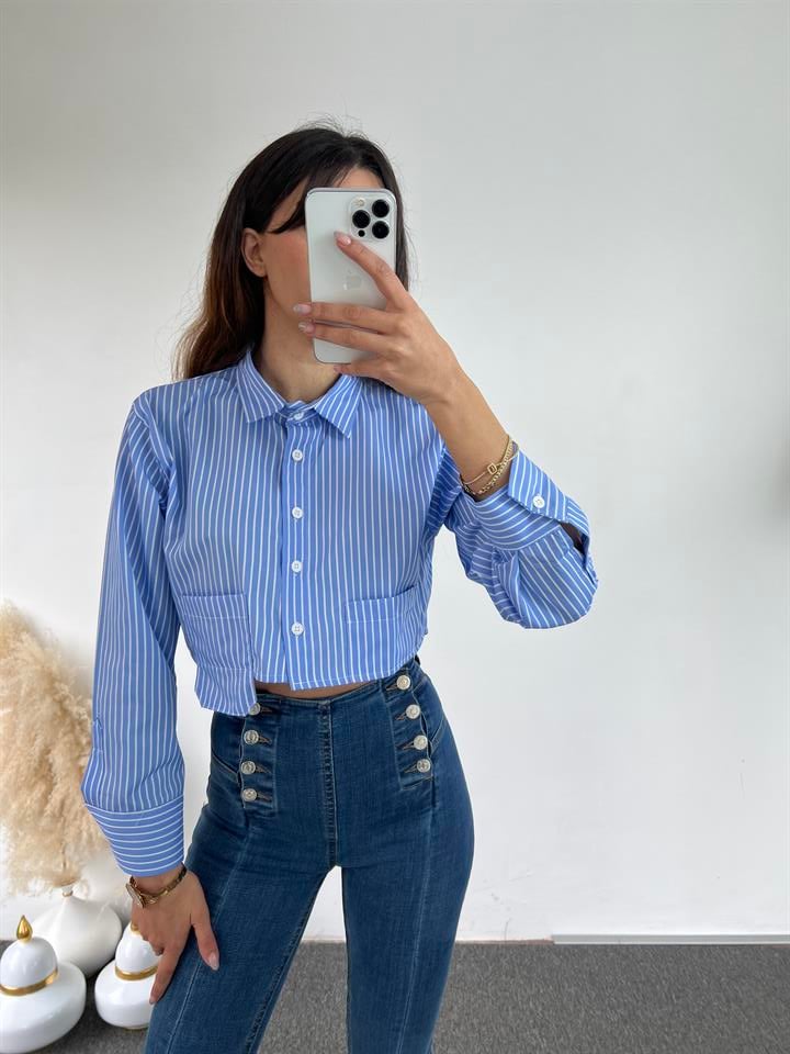Orijinal Marka Mavi Çizgili Crop Gömlek 