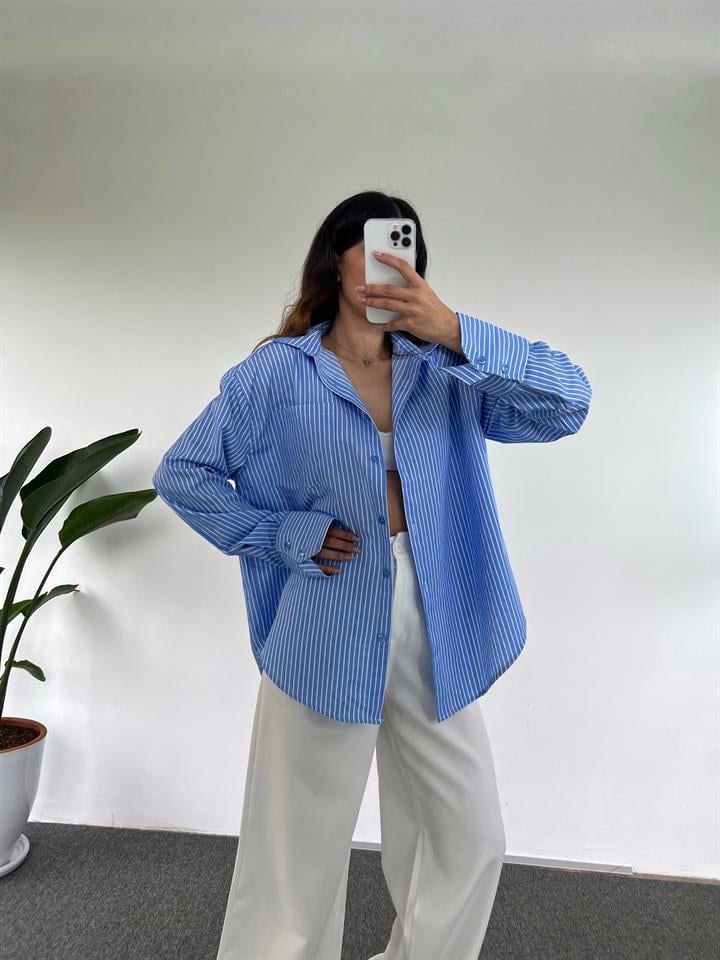 Orj Açık Mavi Oversize Çizgili GömlekGausGÖMLEKGU001044