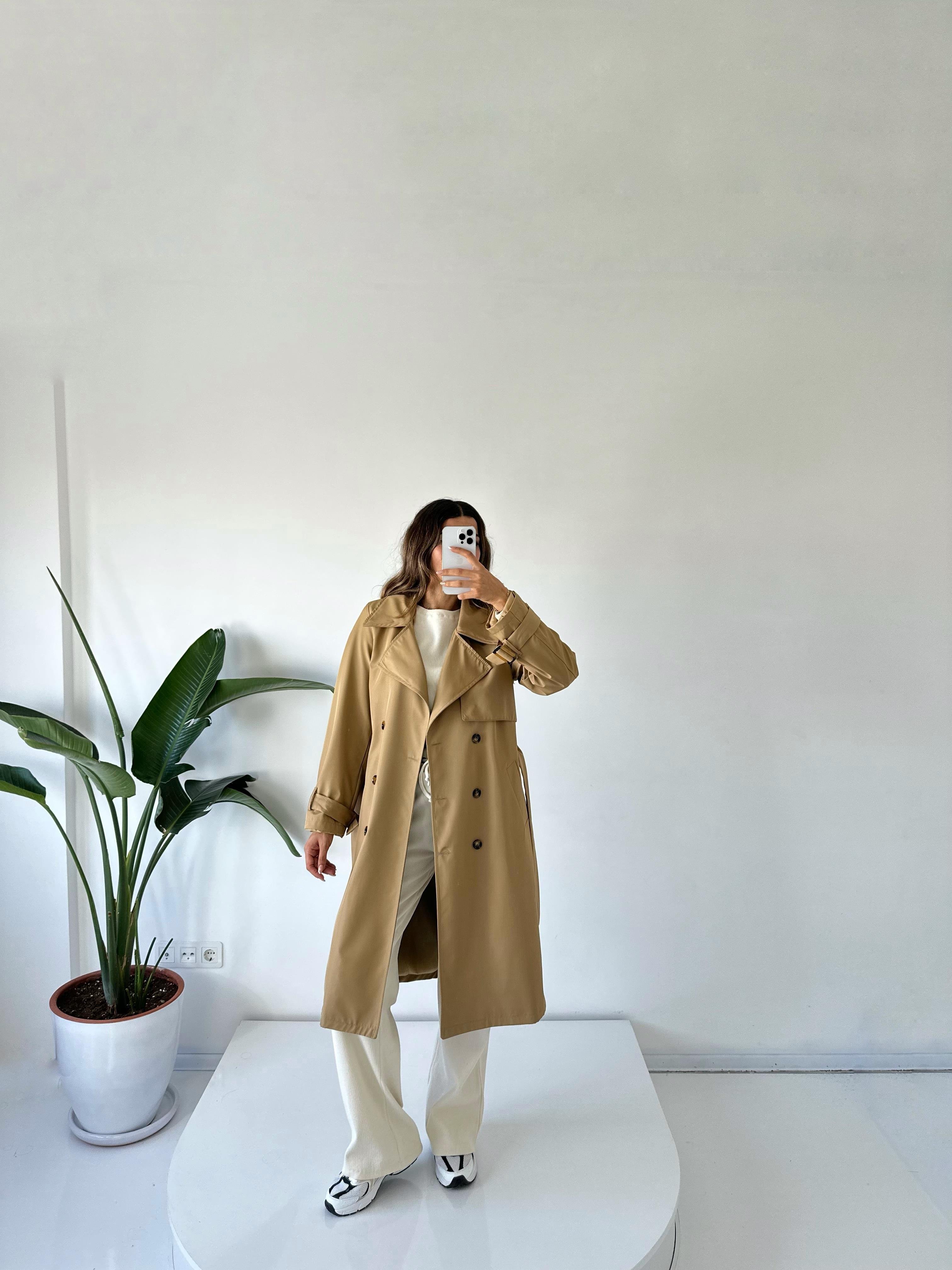 Premium Camel Astarlı Uzun TrençkotGausTAKIMGU001790