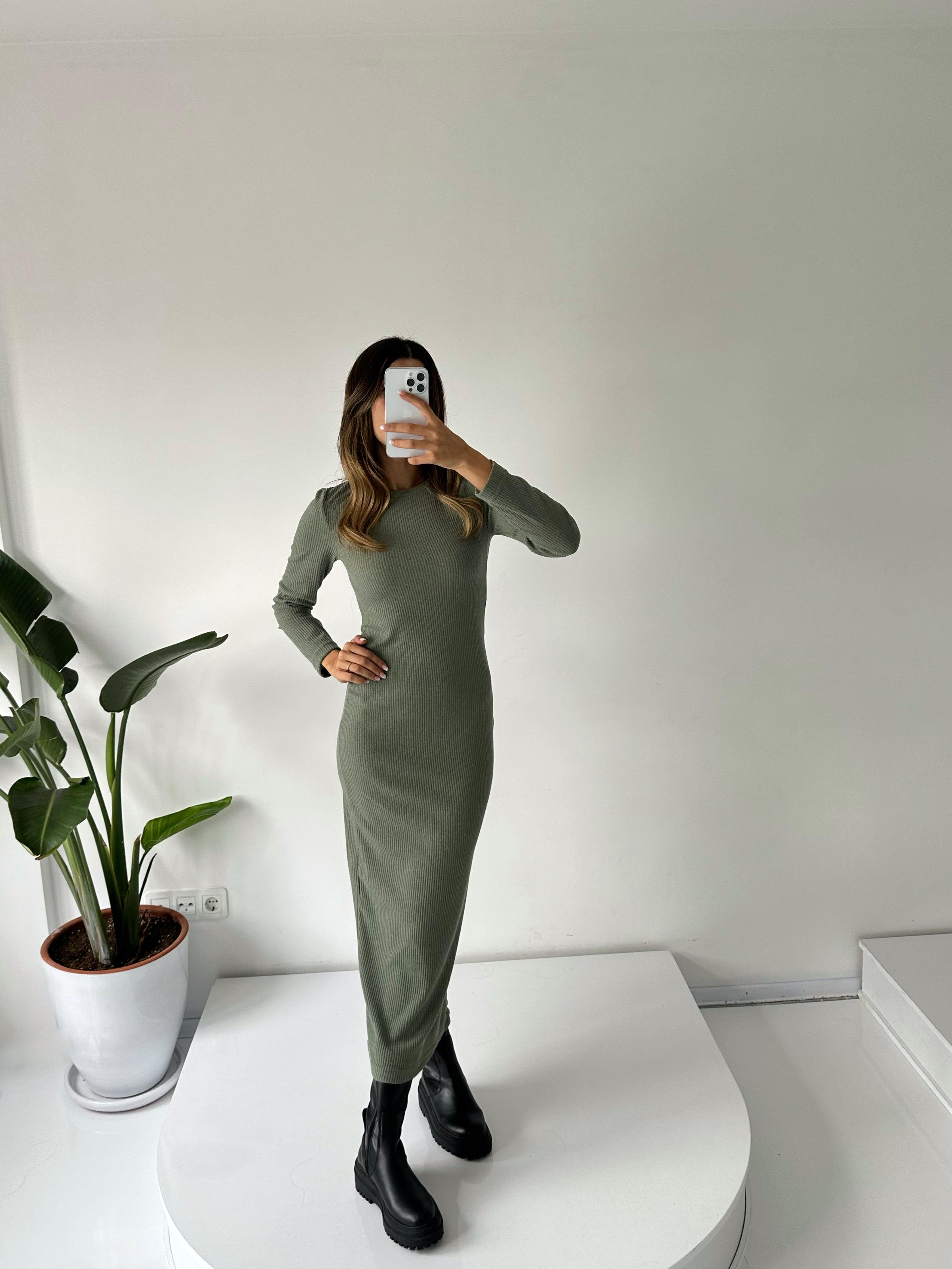 RY Yeşil Fitilli Triko ElbiseGausELBİSEGU002069