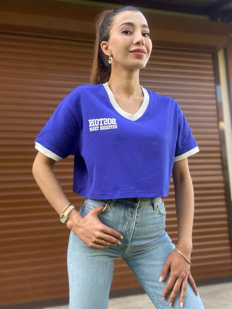 Saks Mavisi Baskılı Crop TshirtGausTSHIRTGU00222