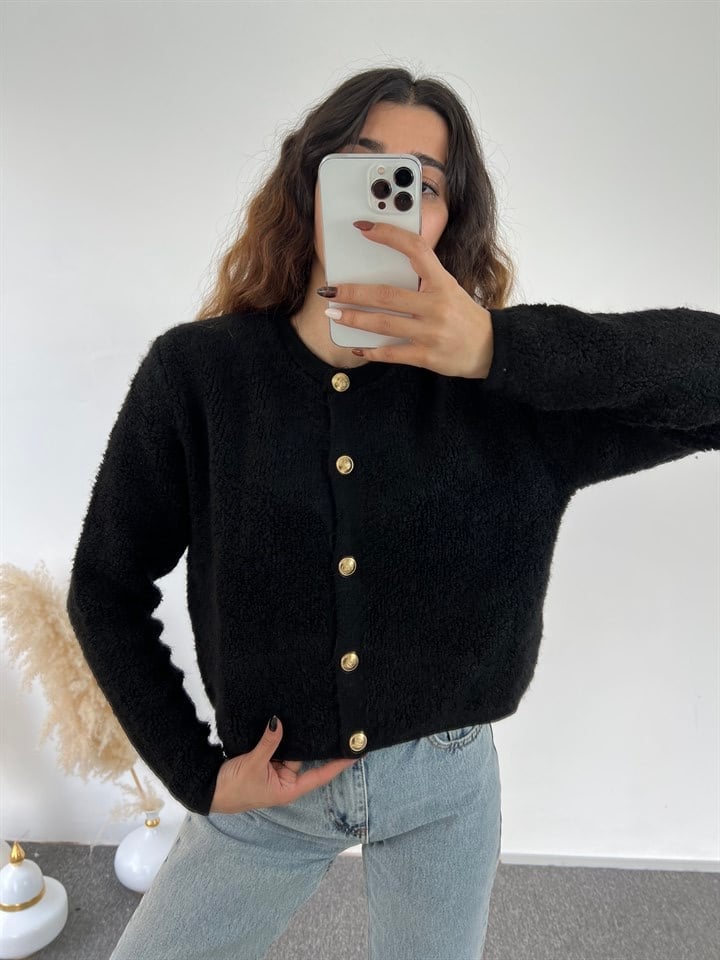 Siyah Teddy Gold Düğme HırkaGausHIRKAGU00791