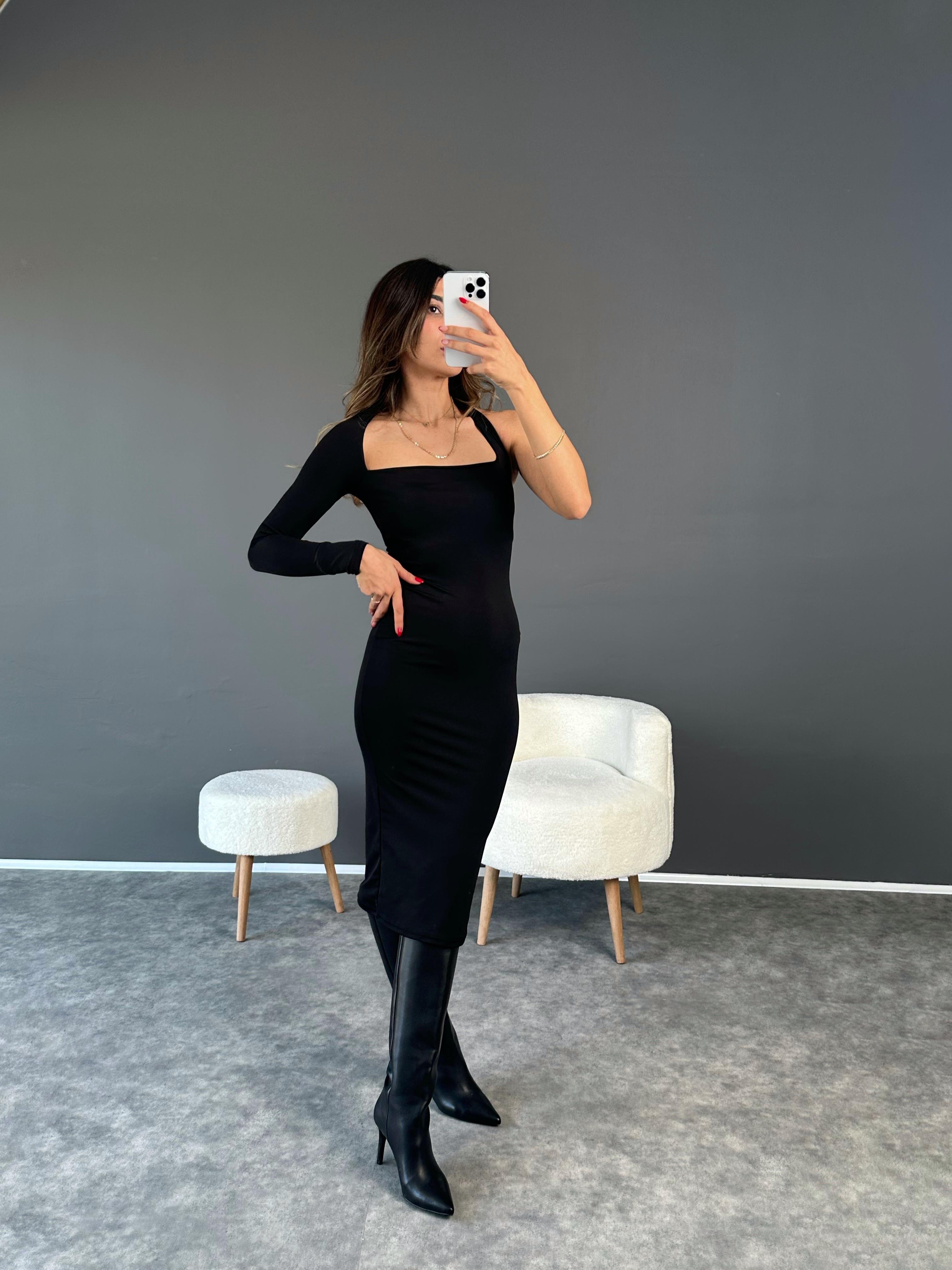 Siyah Tek Omuz Boyun Detaylı Midi ElbiseGausELBİSEGU002365