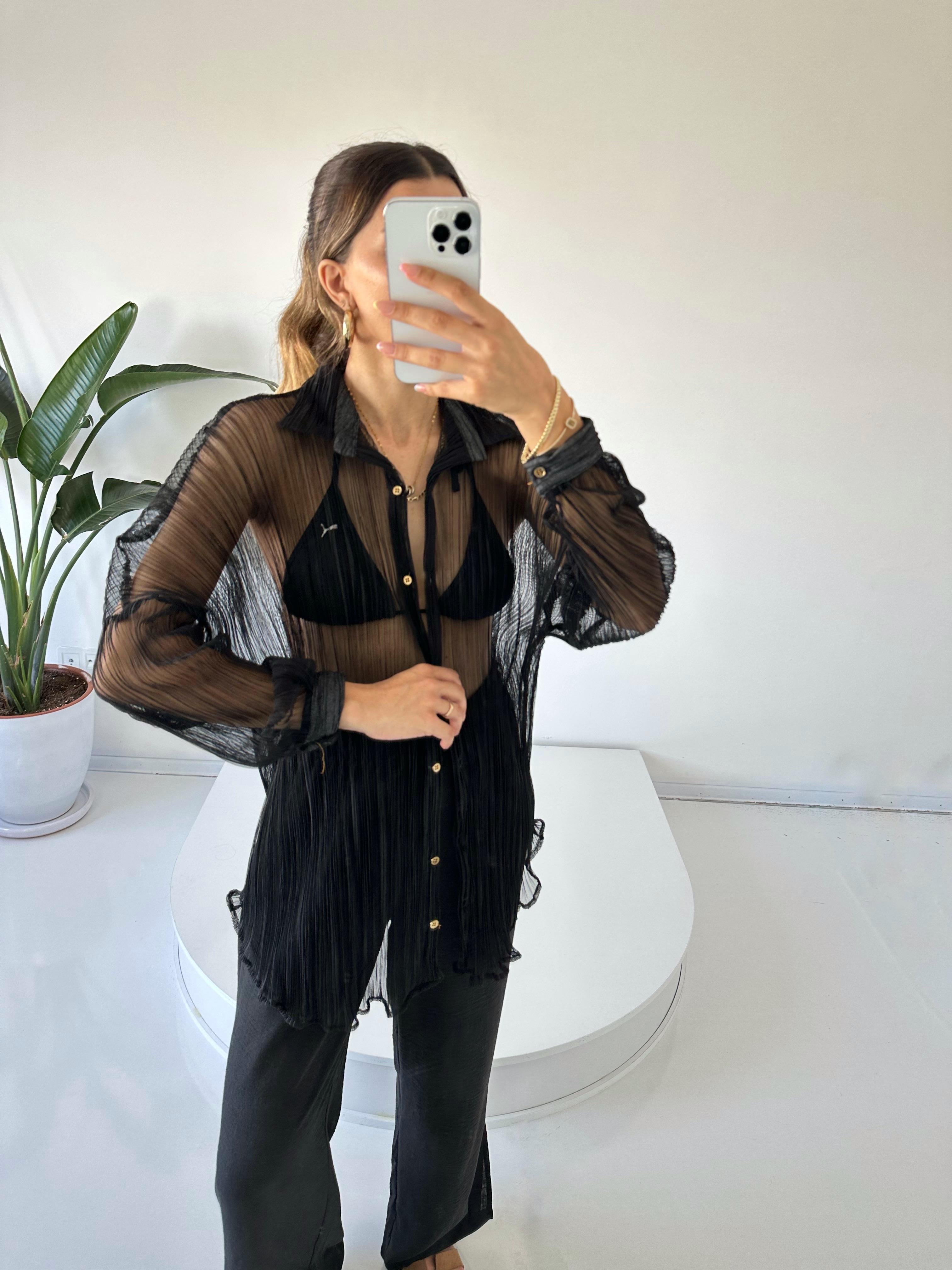 Siyah Tül Oversize Gömlek 