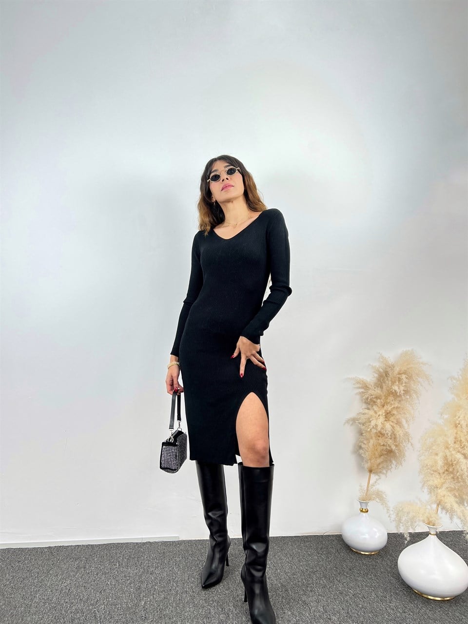 Siyah Yırtmaçlı Triko Elbise GausELBİSEGU00683