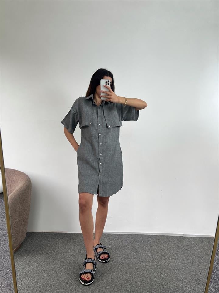 Vicky Gri Keten Gömlek ElbiseGausELBİSEGU00953