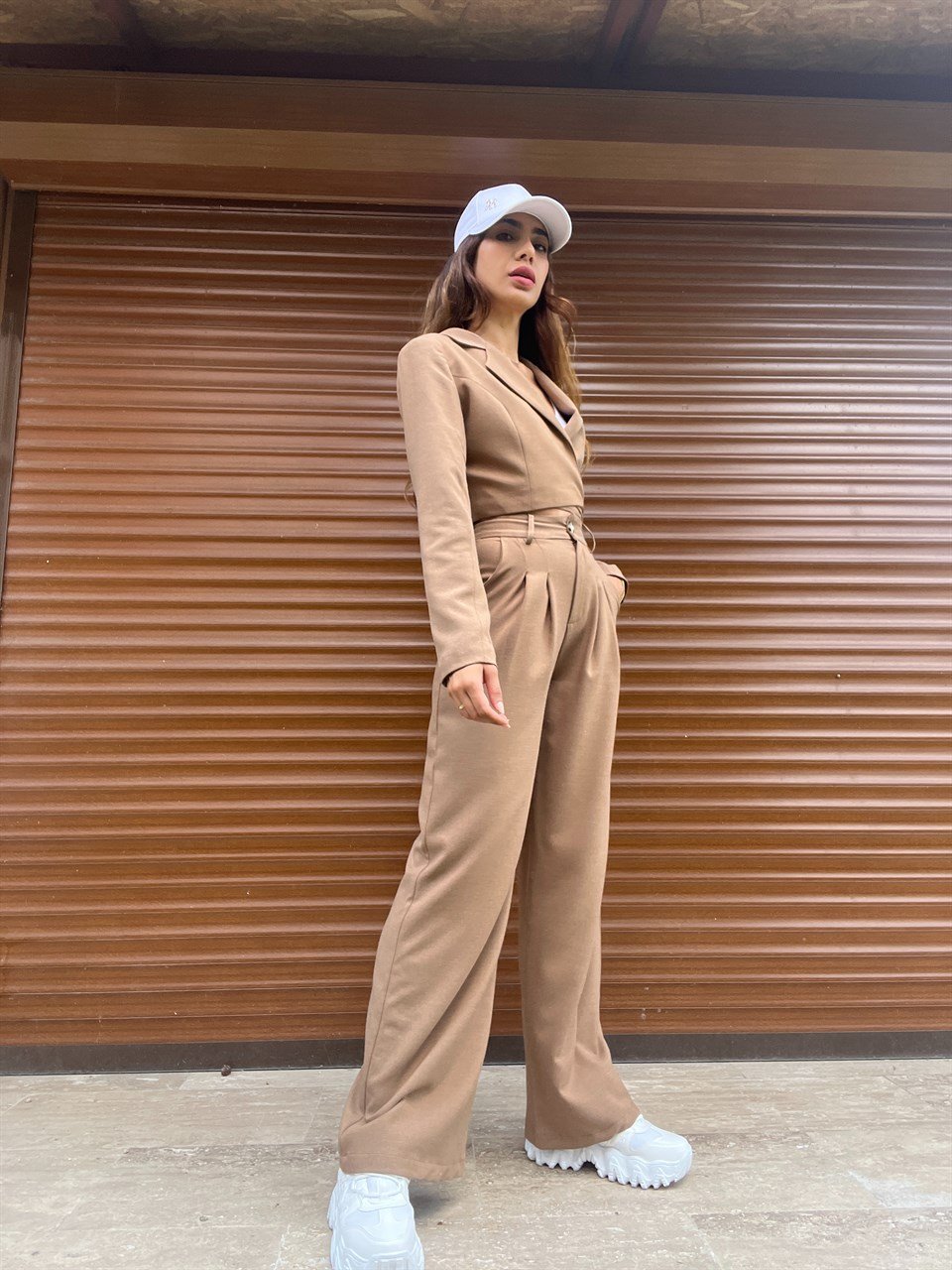 Vizon Keten Crop Blazer Pantolon İkili Takım