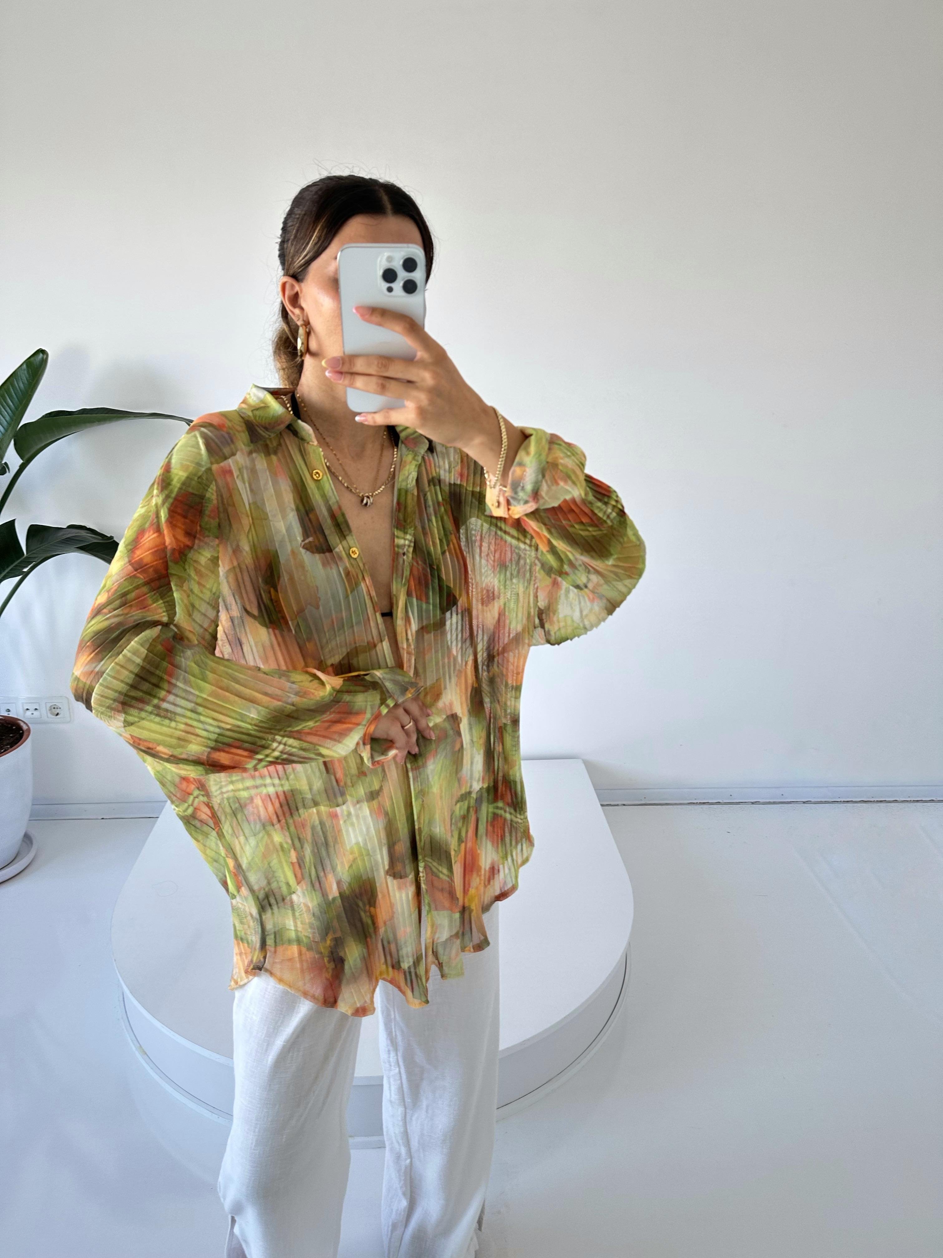 Yeşil Desenli Oversize Tül Gömlek 