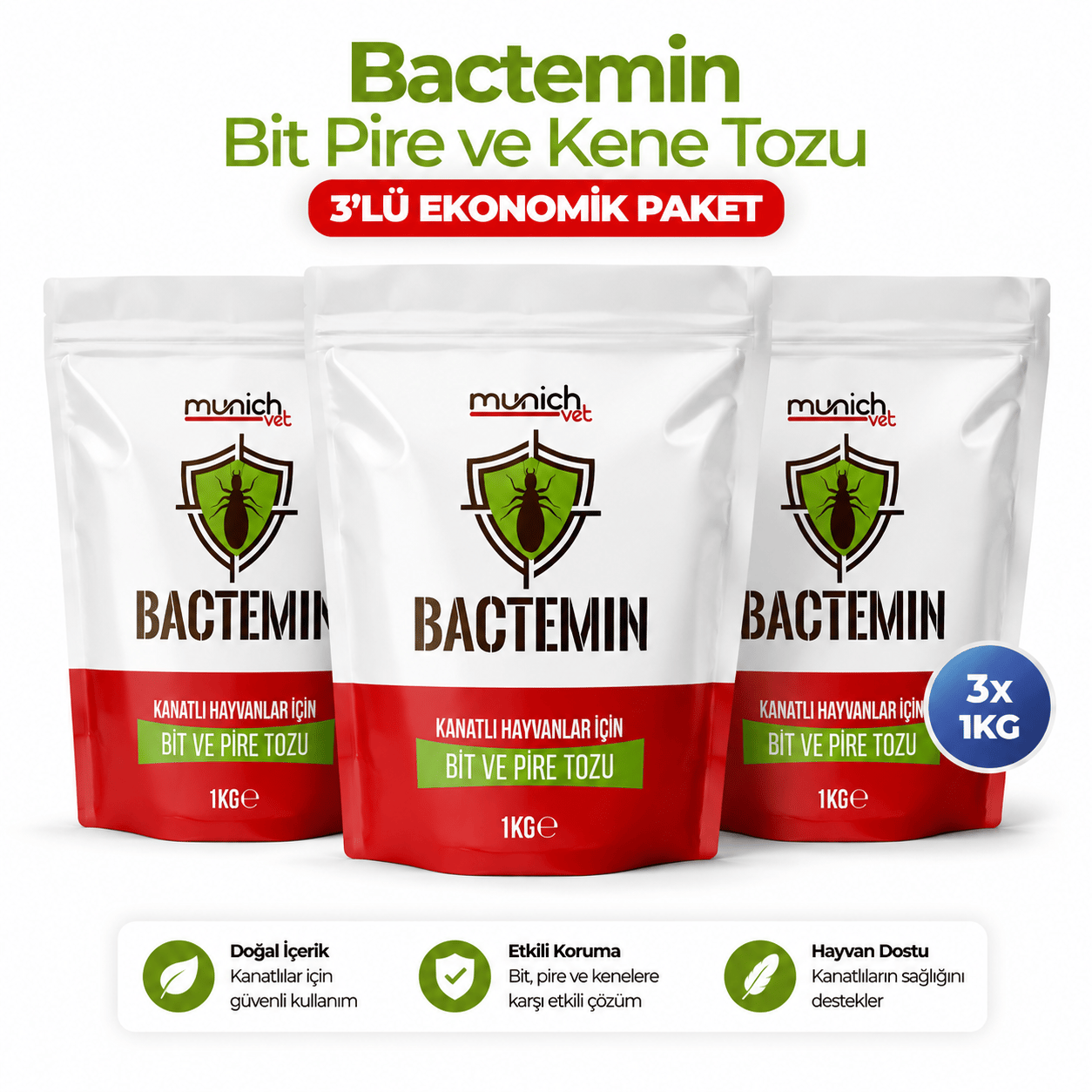 Bactemin Bit, Pire ve Kene Tozu 3 x 1 KG Ekonomik Paket