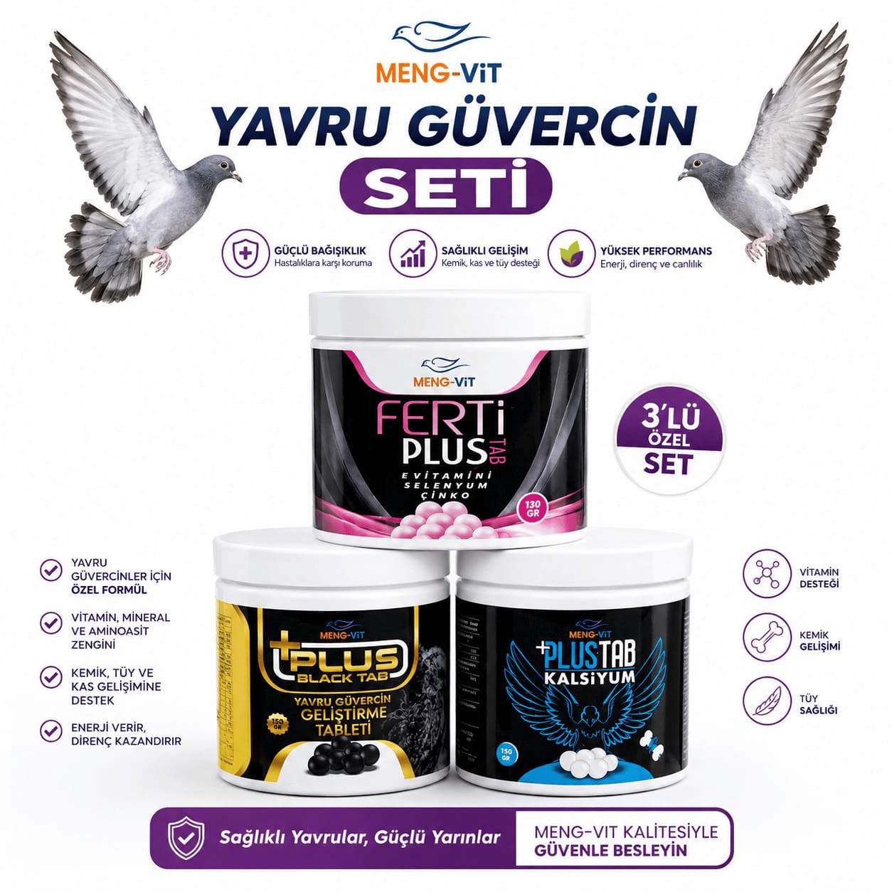 Meng-Vit 3'lü Güvercin Bakım Seti | Kalsiyum, Üreme ve Yavru Gelişim Desteği