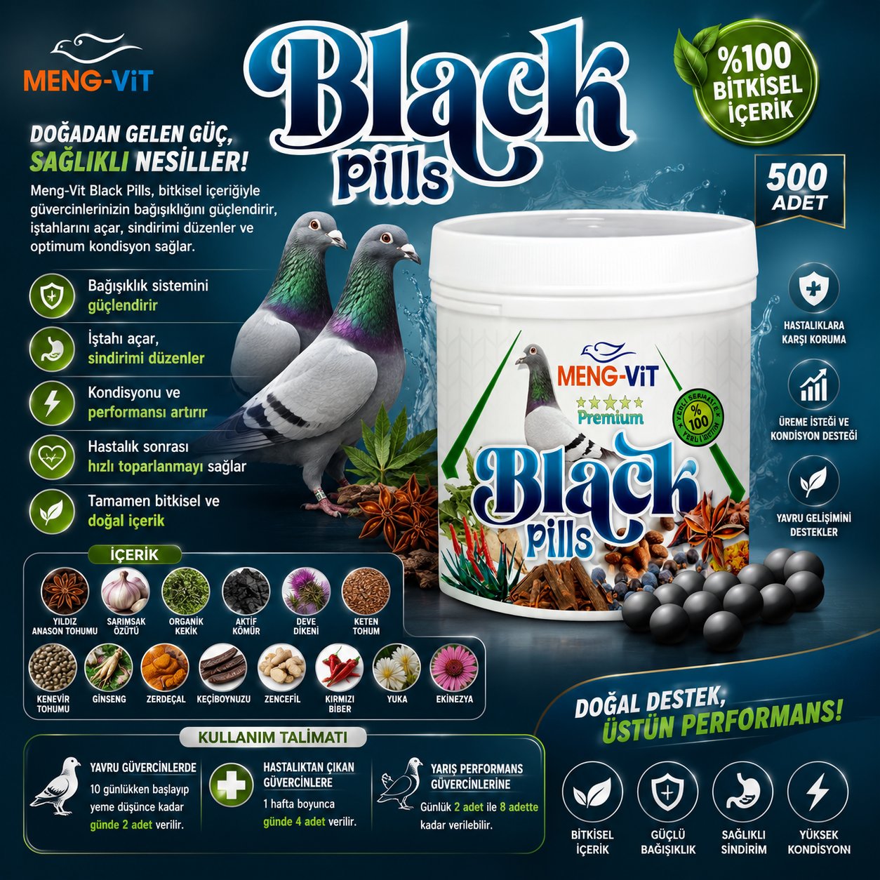 Meng-Vit Black Pills 500 Adet Güvercin Bitkisel Kondisyon ve Bağışıklık Desteği