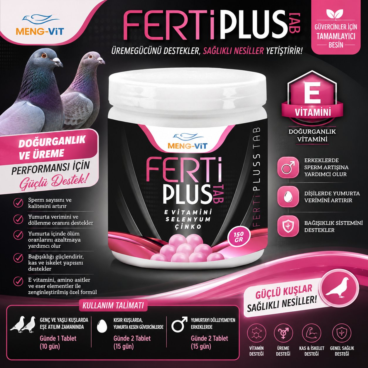 Meng-Vit Ferti Plus Tab 130 Gr Güvercin Üreme ve Doğurganlık Tableti