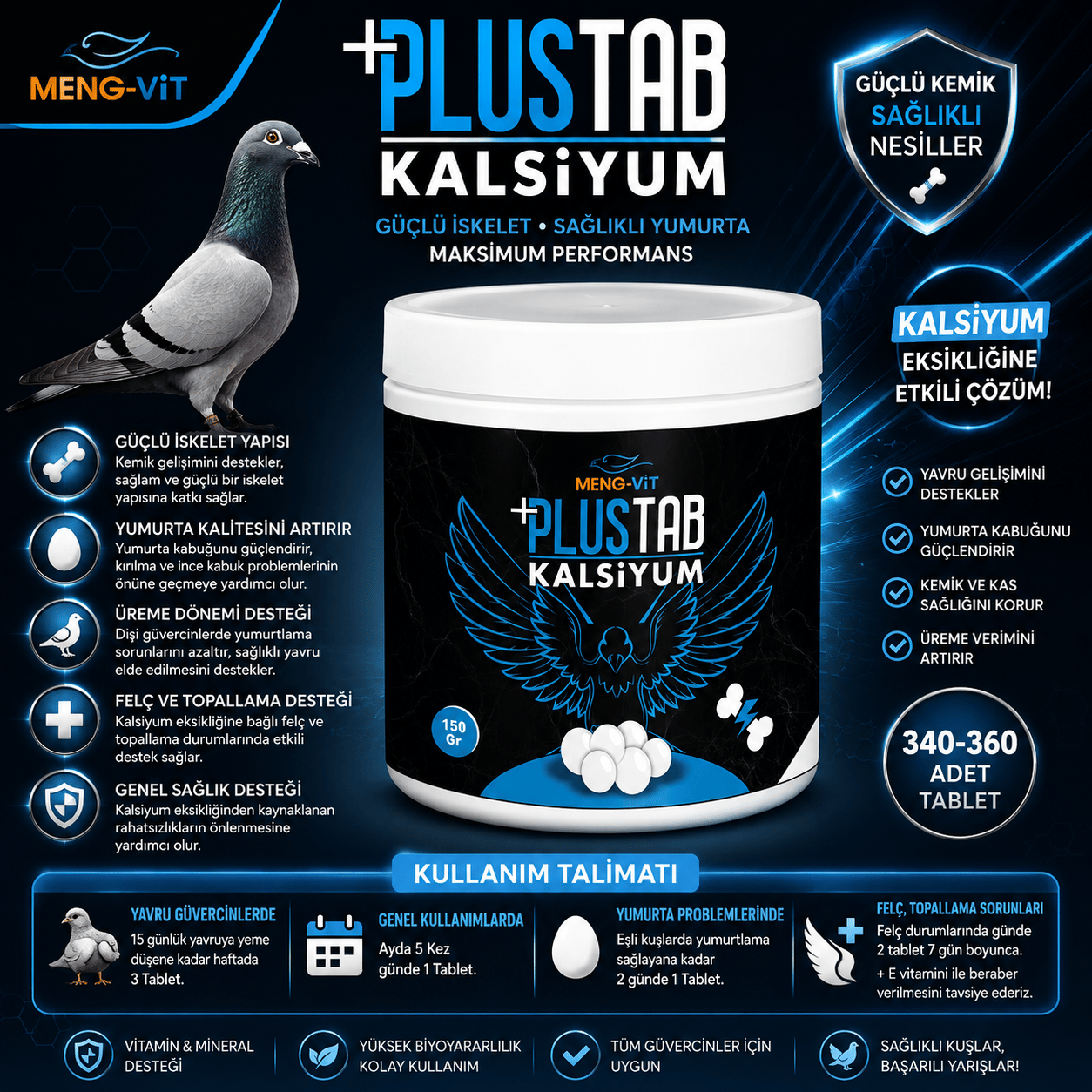 Meng-Vit Plus Kalsiyum Tab 150 Gr Güvercin Kalsiyum Tablet
