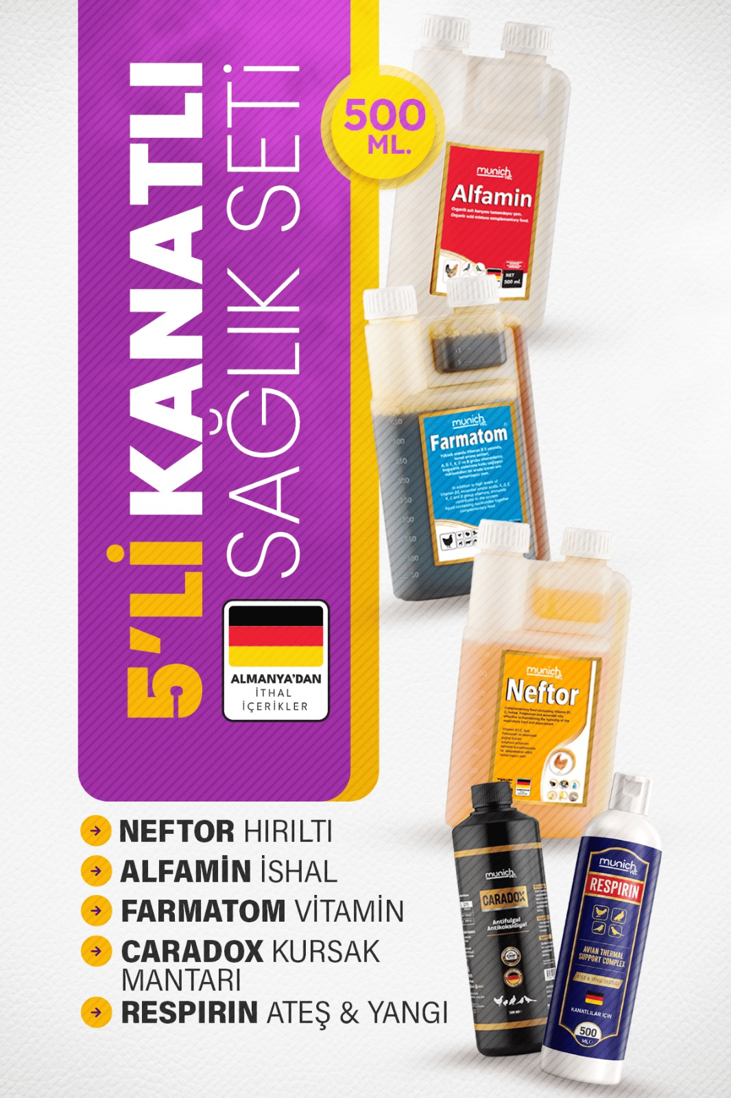 Munich Vet 5'li Kanatlı Set 500 ml | Caradox, Neftor, Alfamin, Farmatom, Respirin
