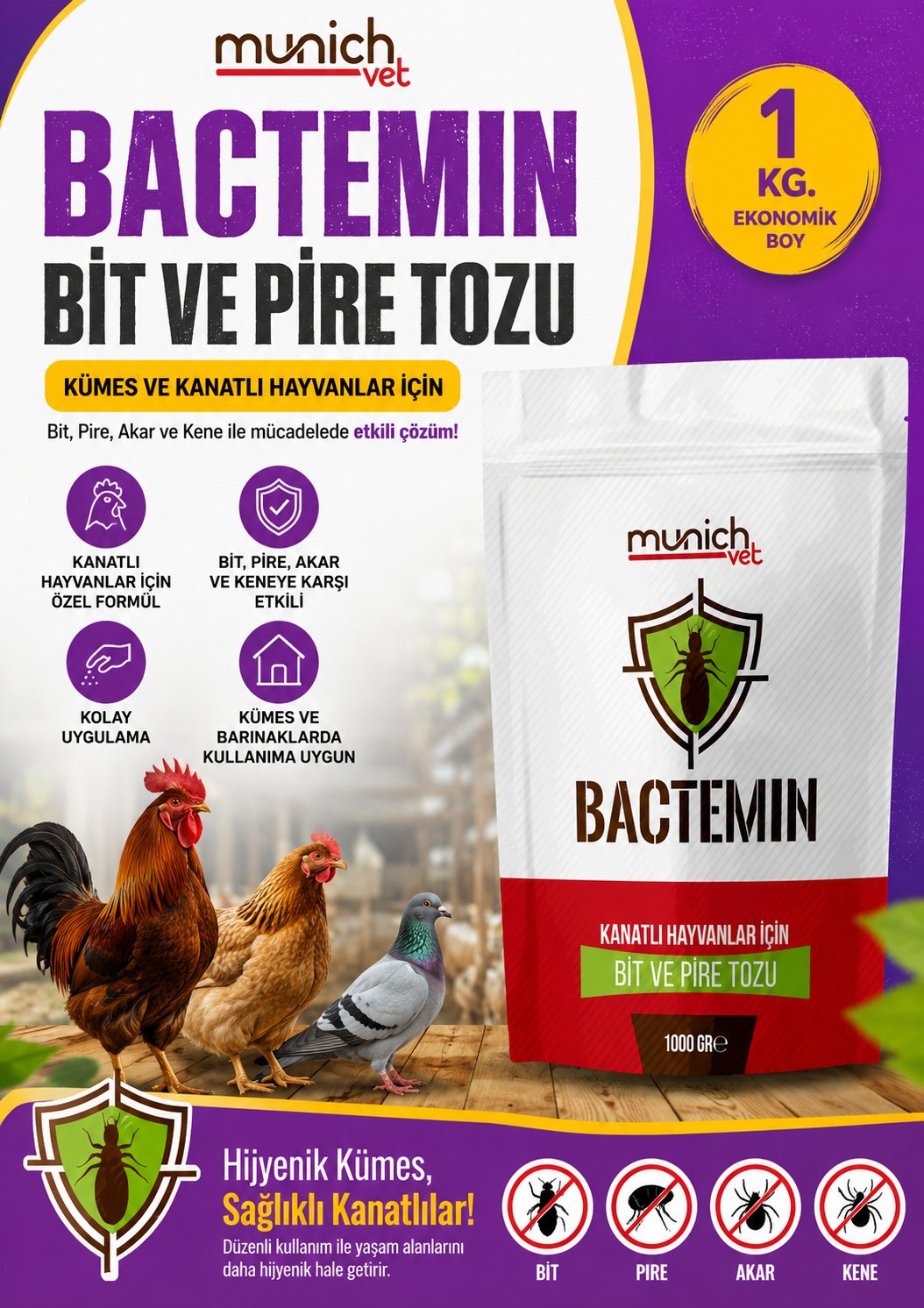 Munich Vet Bactemin Bit Pire Tozu 1 Kg | Kümes ve Kanatlı Hayvanlar İçin Dış Parazit Tozu