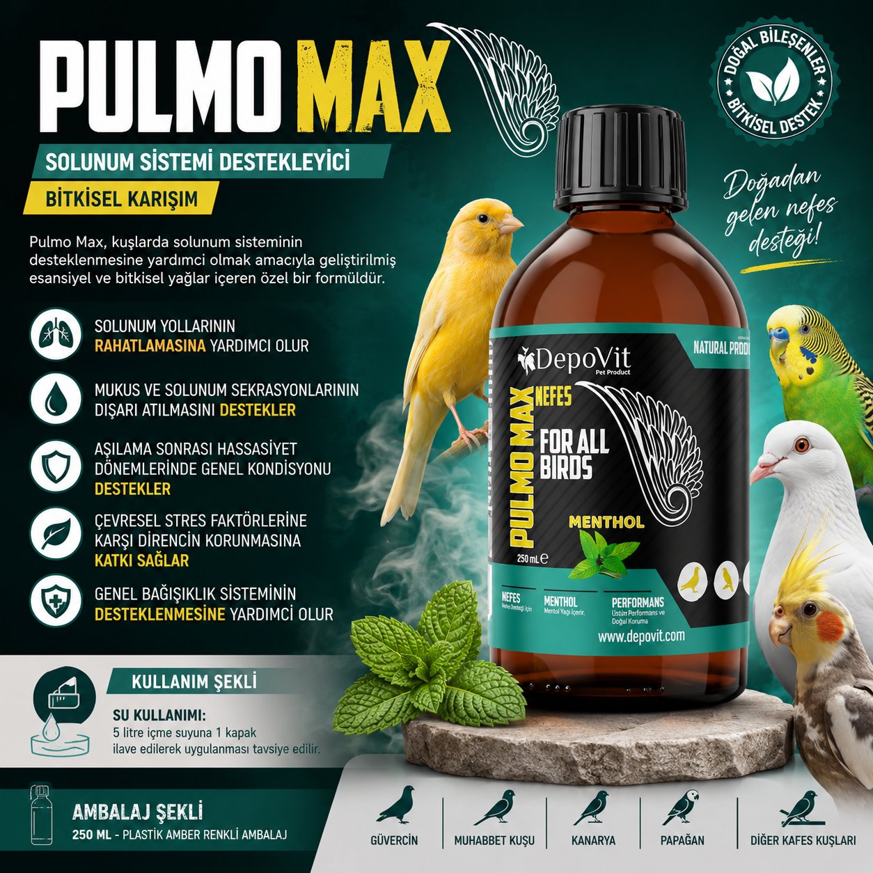 Pulmo Max Solunum Sistemi Destekleyici Bitkisel Karışım 250 ml | Kuşlar İçin Doğal Destek