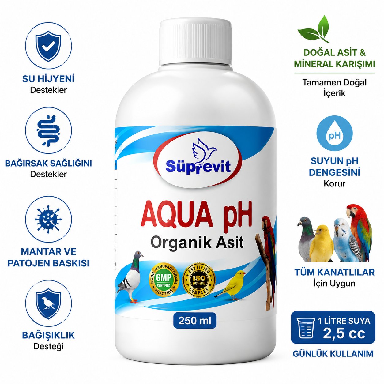 Süprevit Aqua pH 250 ML Kuş Su Düzenleyici | Doğal Asit ve Mineral Karışımı