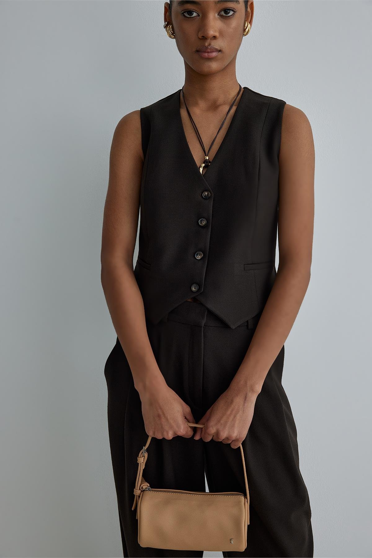 Acı Kahve Mina Düğmeli Crop Yelek