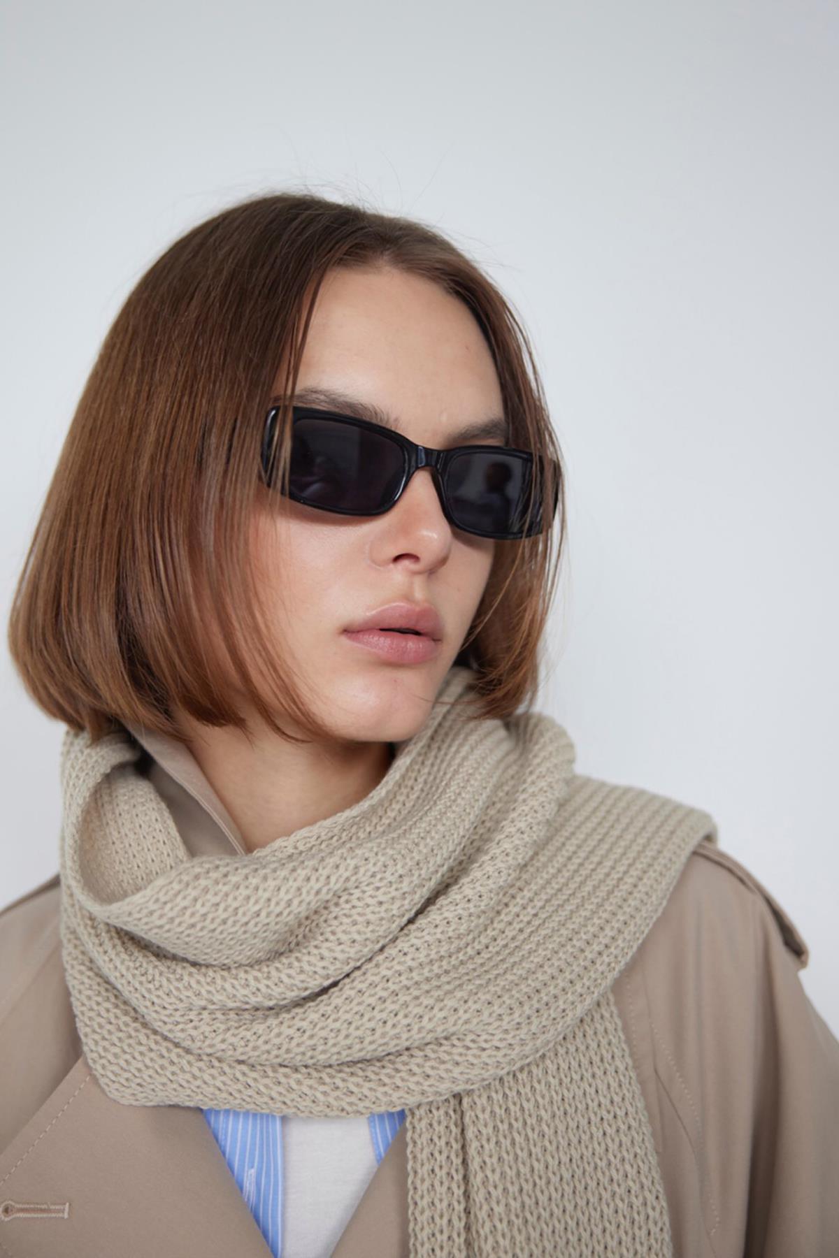 Beige Plain Knitted Knitwear Scarf