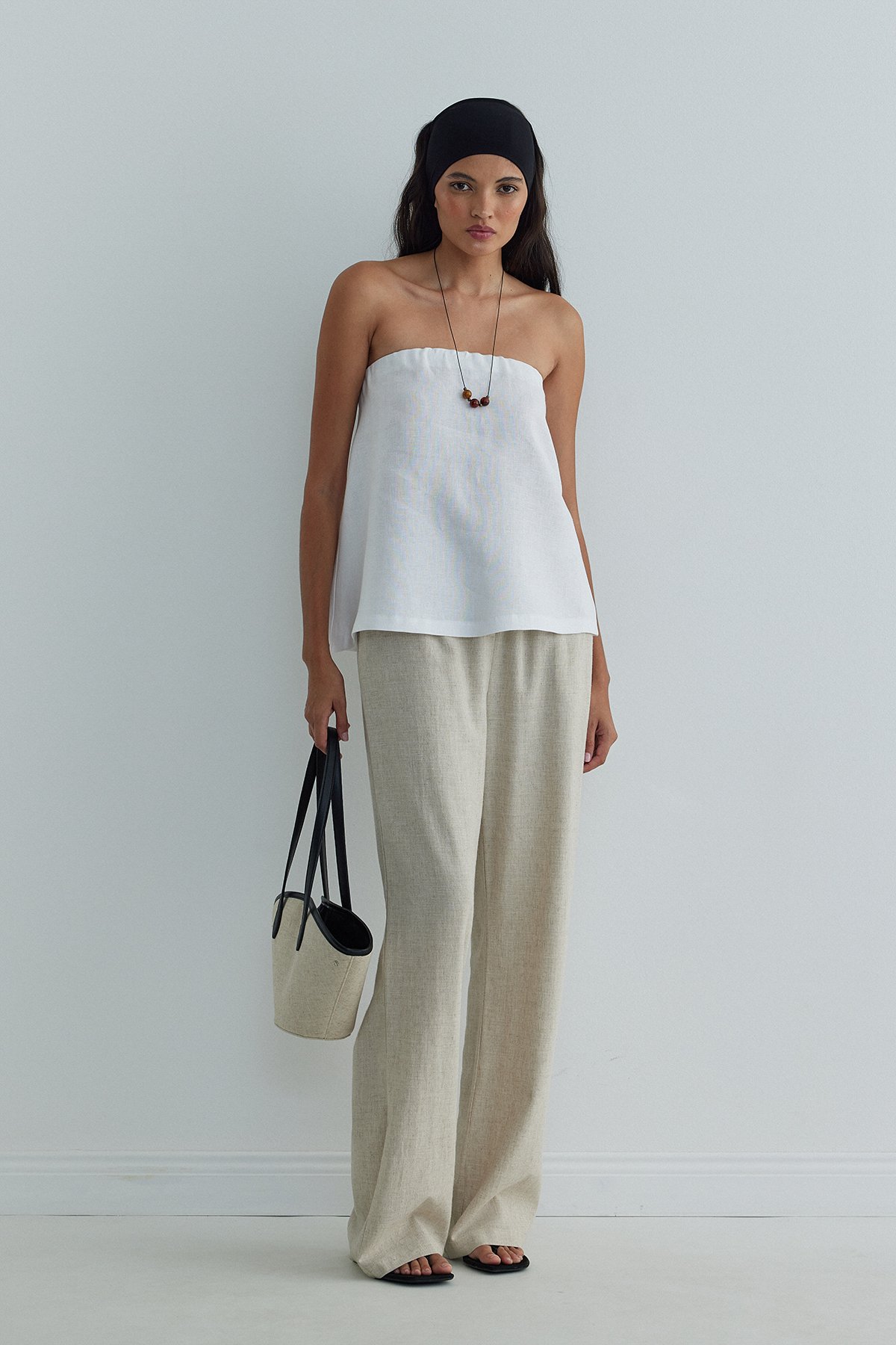 Beyaz %100 Keten Mill Straplez Bluz