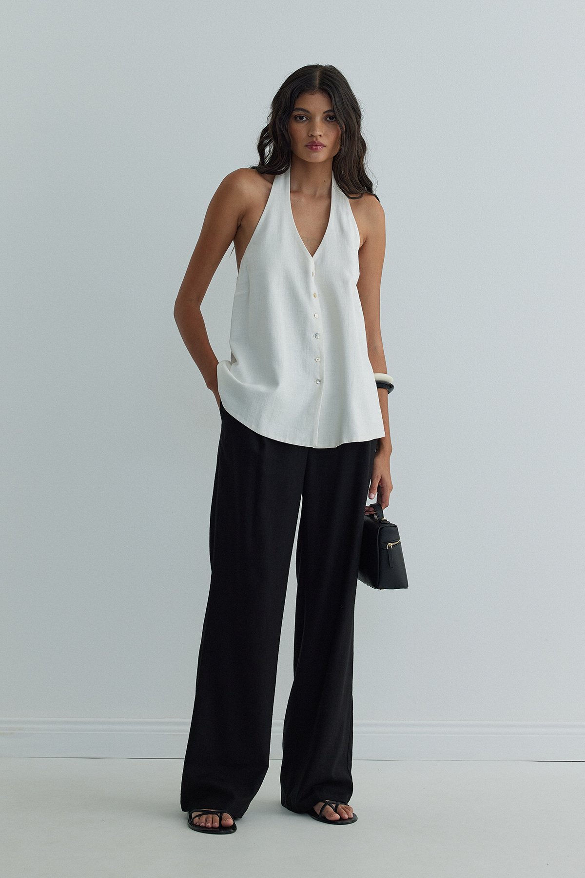 Beyaz Serena Bağlamalı Keten Yelek Bluz