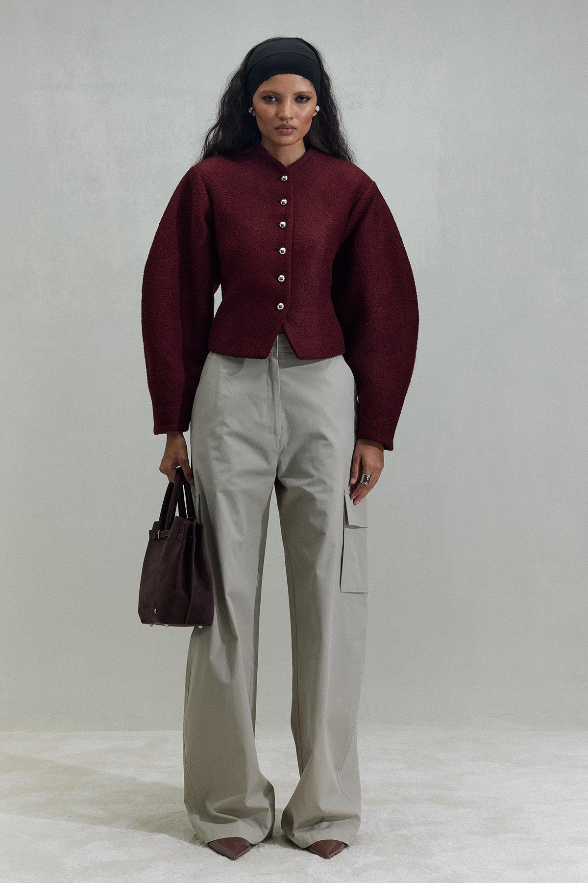 Bordo Gigi Belden Oturtmalı Ceket