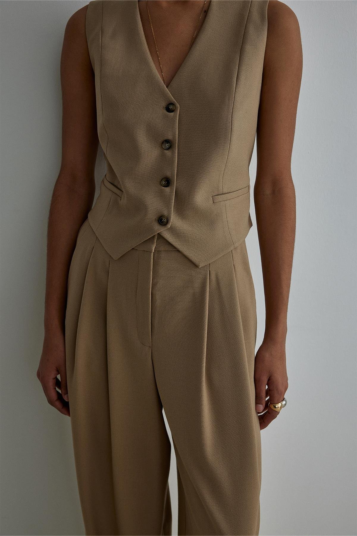 Camel Mina Cropped Vest with Buttons