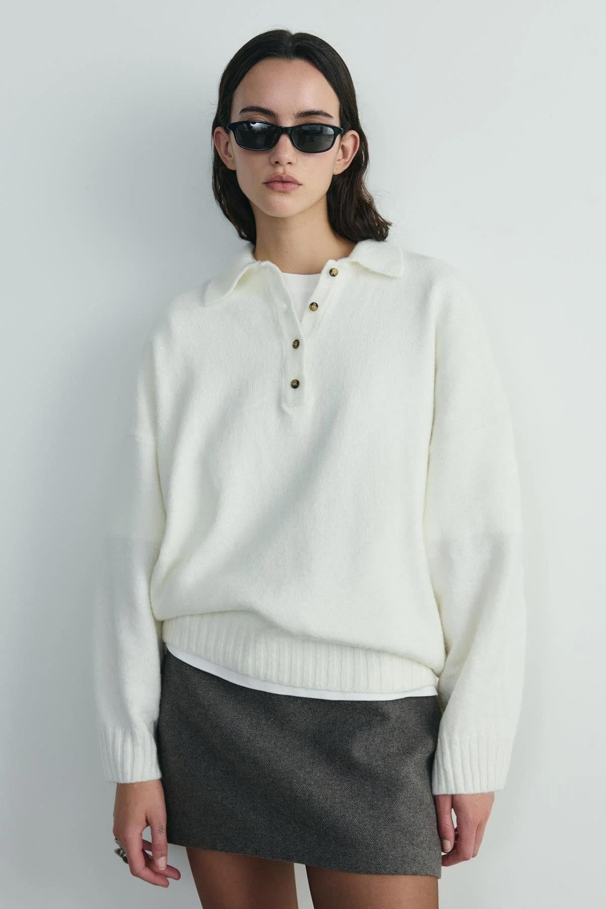 Ekru Rani Polo Yaka Oversize Kazak