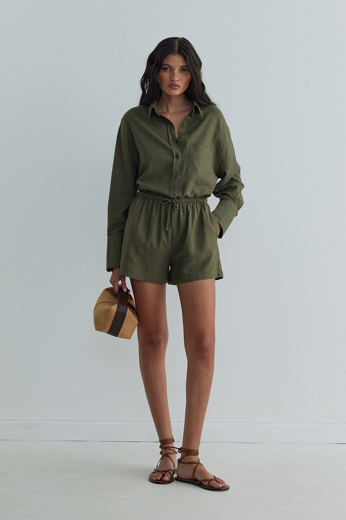 Haki Barley Lastikli Keten Şort