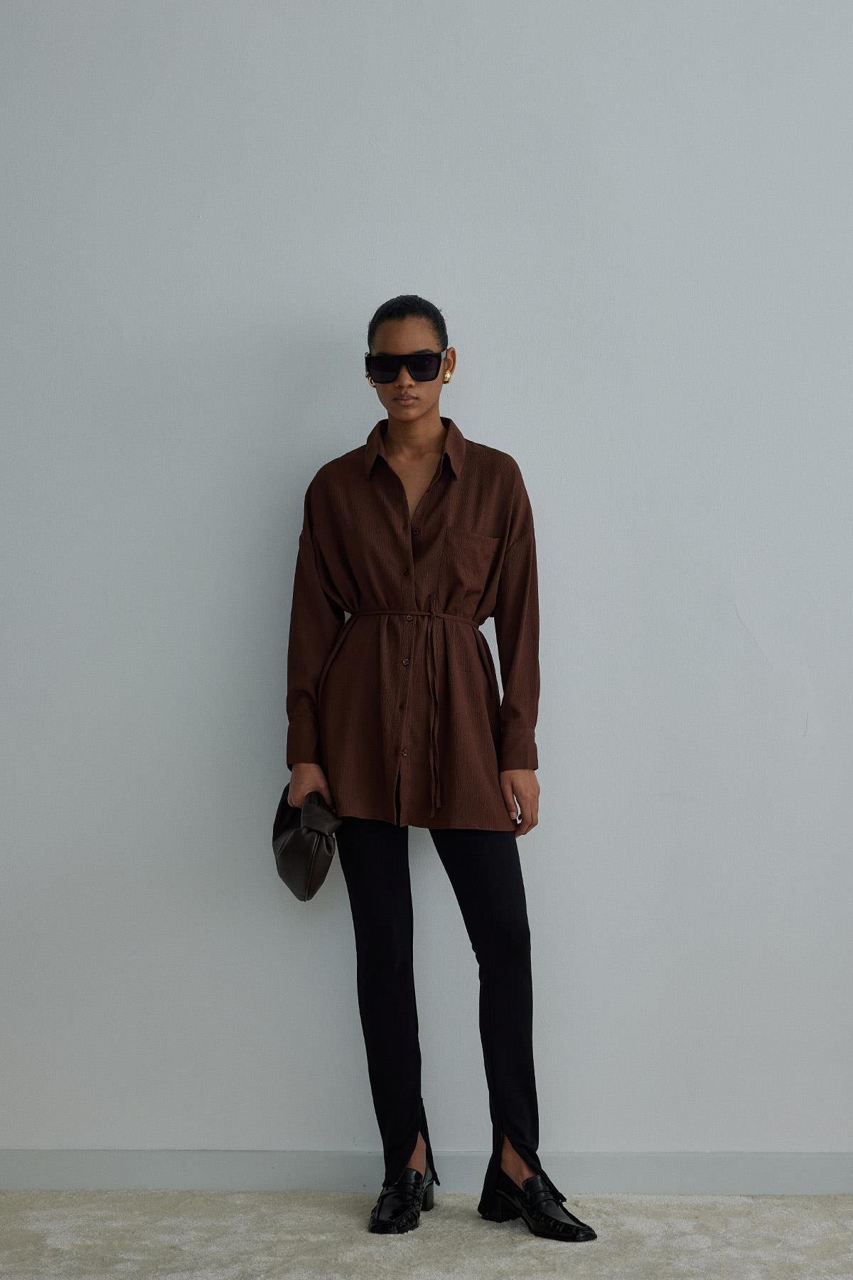Kahverengi Cepli Oversize Gömlek