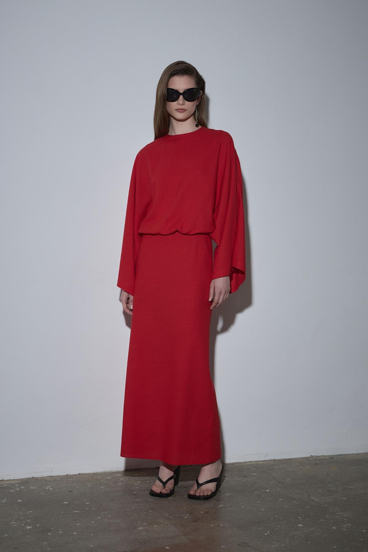 Kırmızı Jaylen Düz Kesim Keten Etek